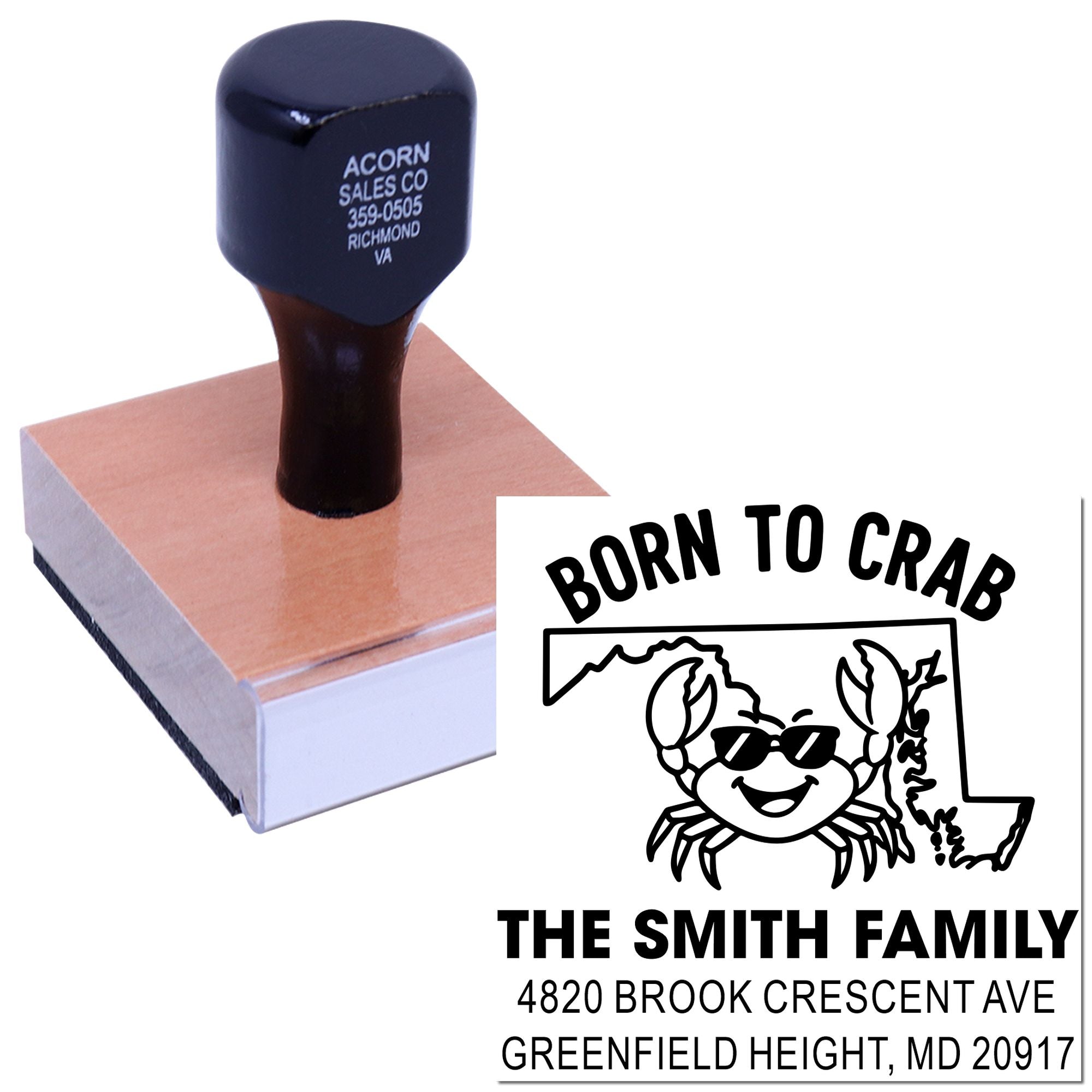 Custom rubber stamp with crab design and address imprint, shown with sample Born to Crab family return address artwork.