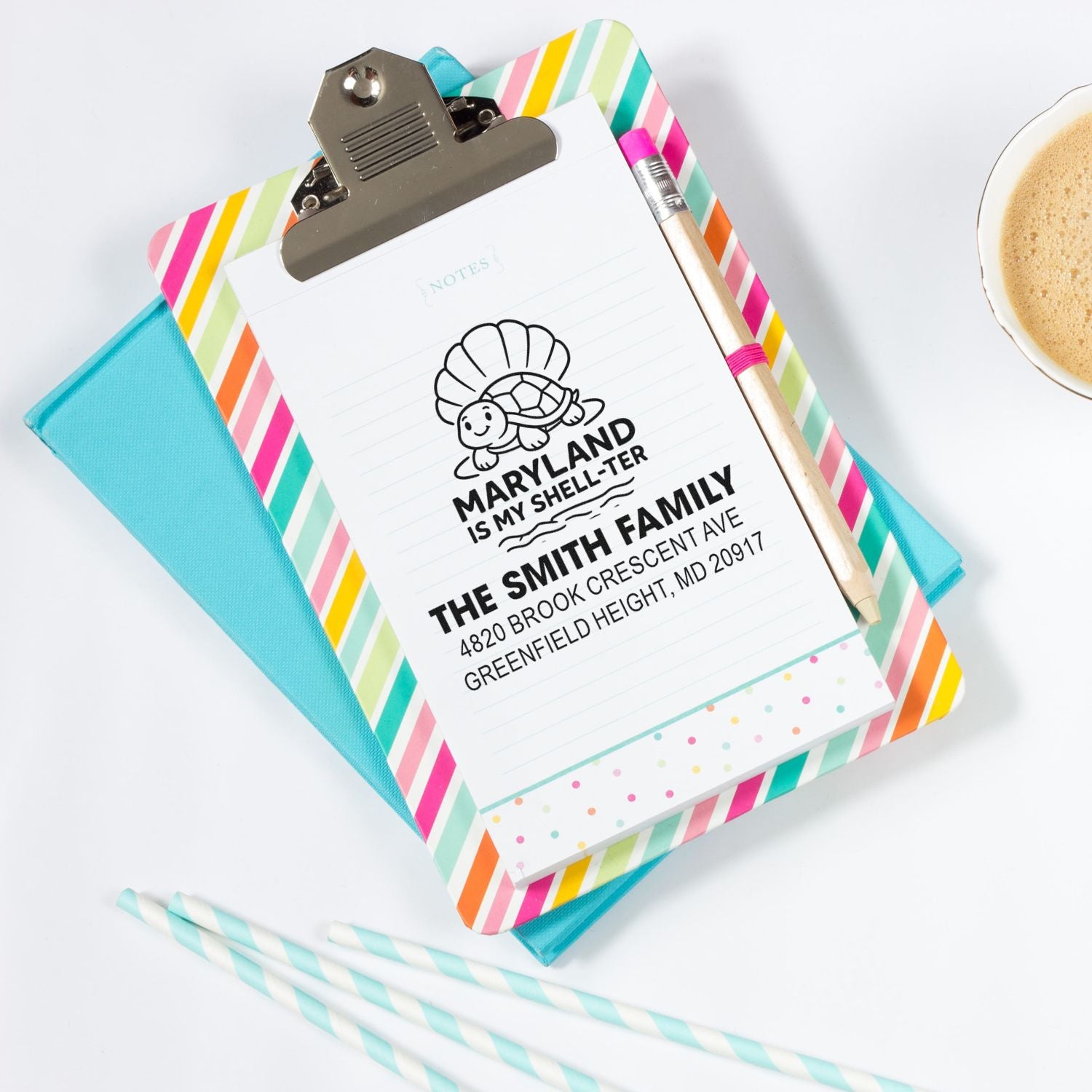 Custom rubber address stamp with turtle design and family return address for envelopes, notes, and stationery.