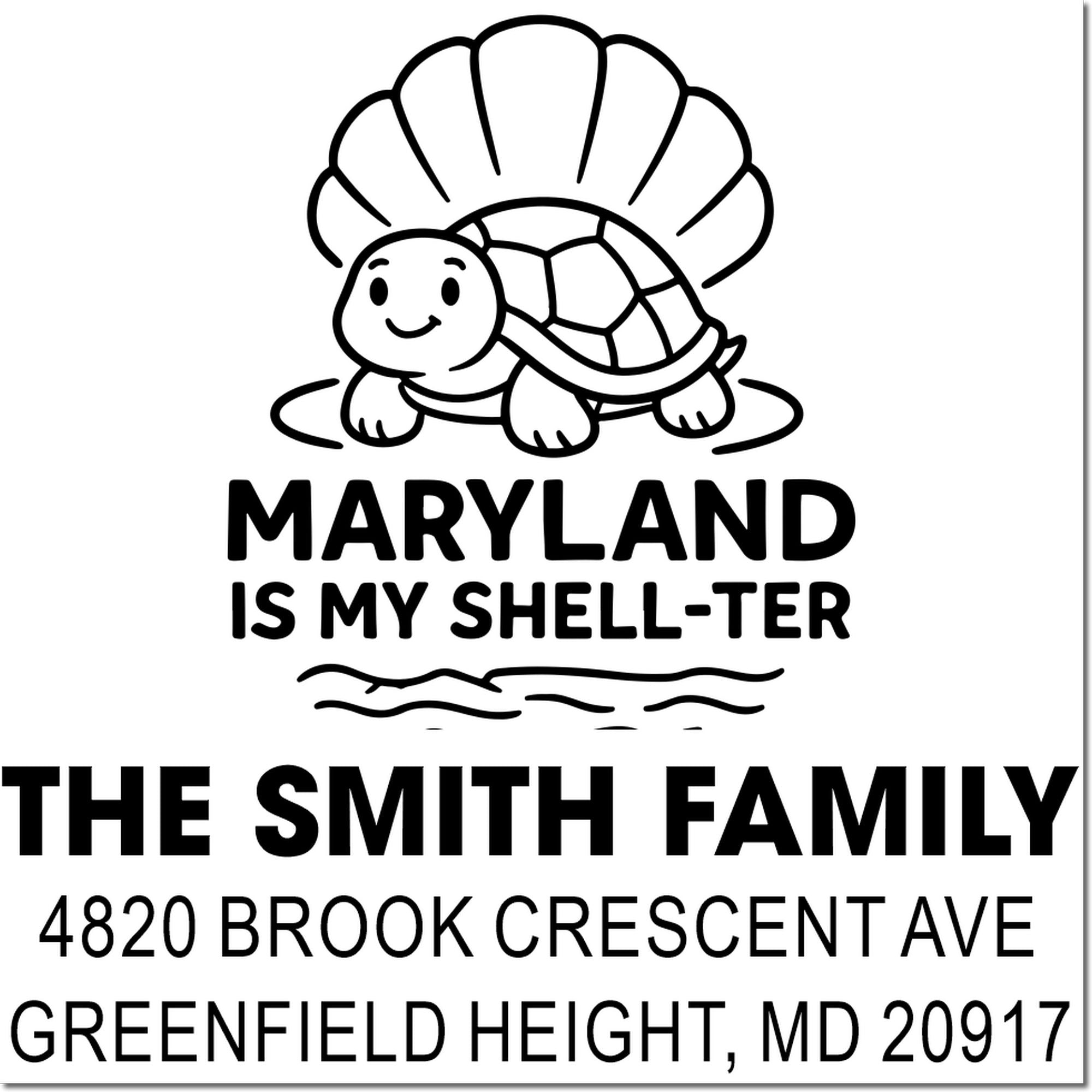 Custom Maryland sea turtle return address rubber stamp for The Smith Family, with playful Maryland is my shell-ter design.