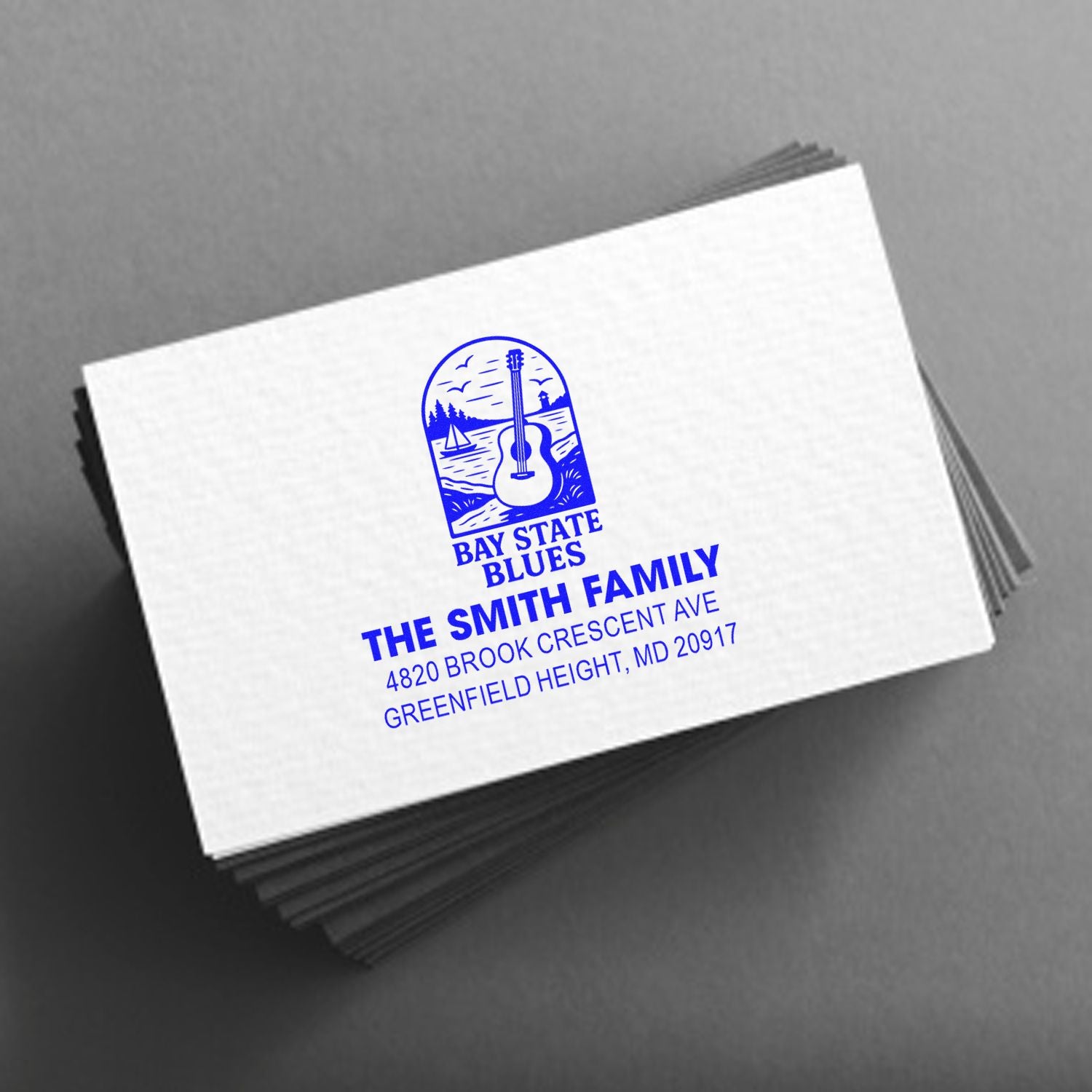 Custom rubber address stamp for The Smith Family with Bay State Blues logo, ideal for personalized envelopes and stationery.