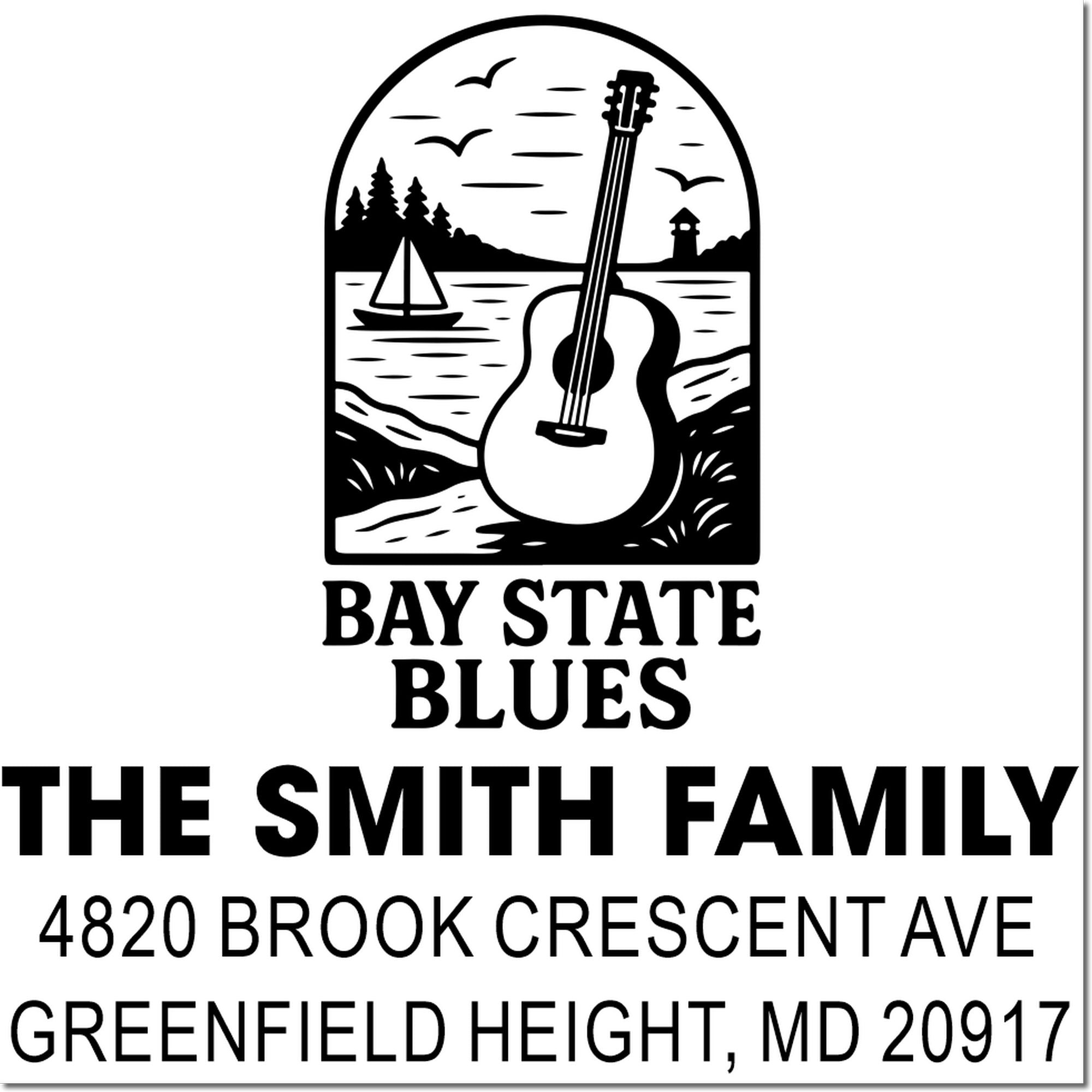Custom rubber stamp for The Smith Family, Bay State Blues, Greenfield Heights, MD 20917, with guitar and scenic logo.