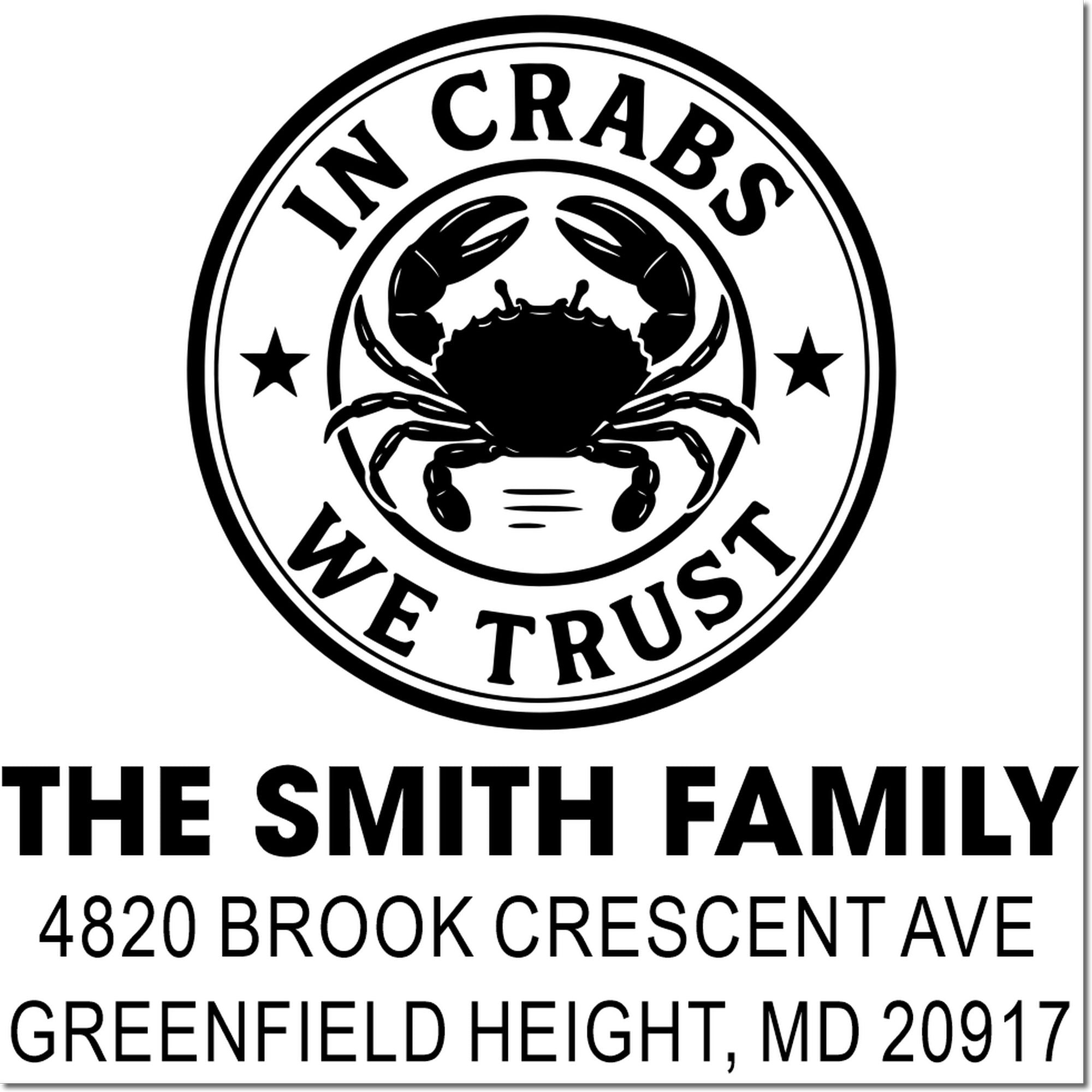 Personalized family address rubber stamp with crab logo for The Smith Family, Greenfield Heights, MD 20917.