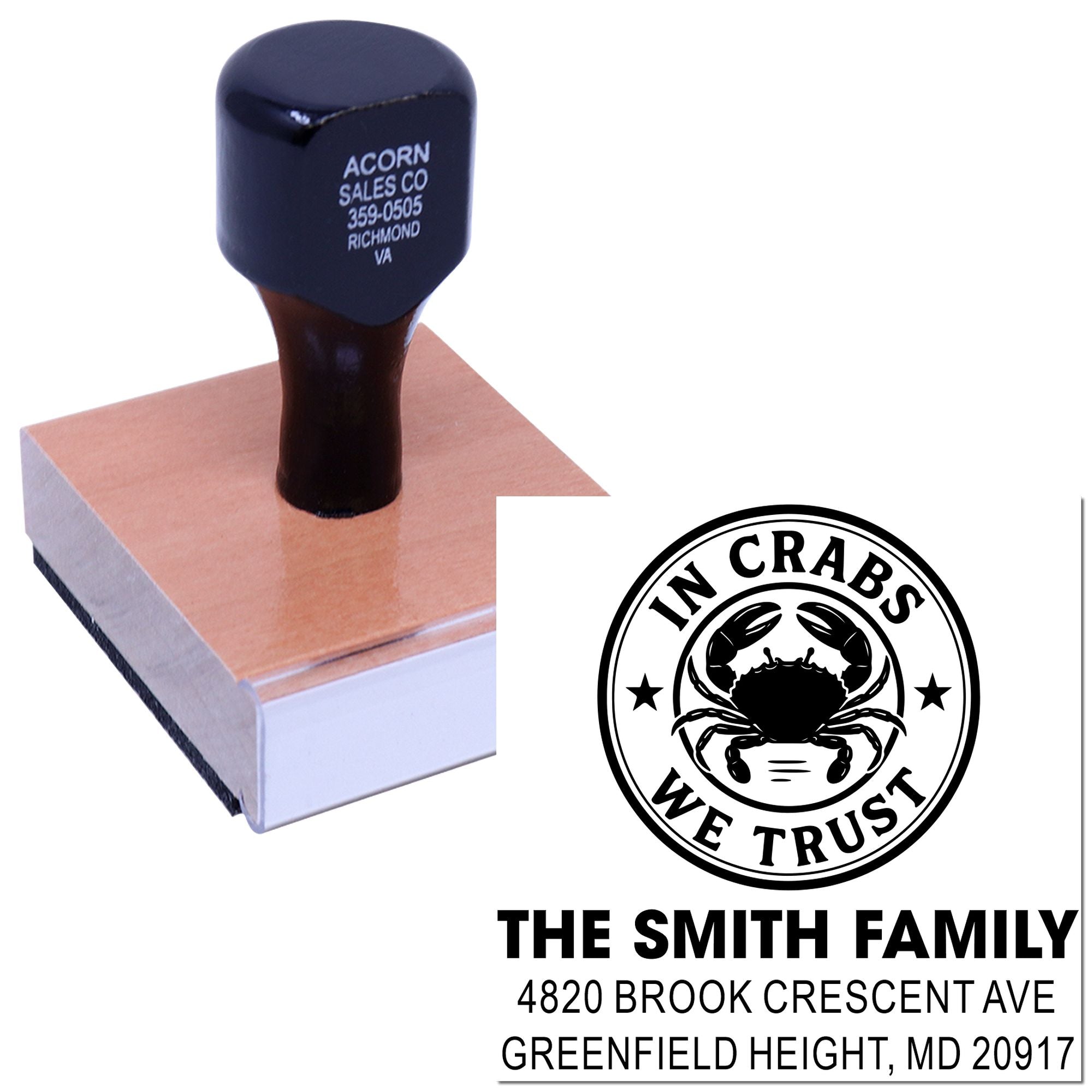 Personalized rubber stamp with crab logo and return address for The Smith Family envelopes and business mail.