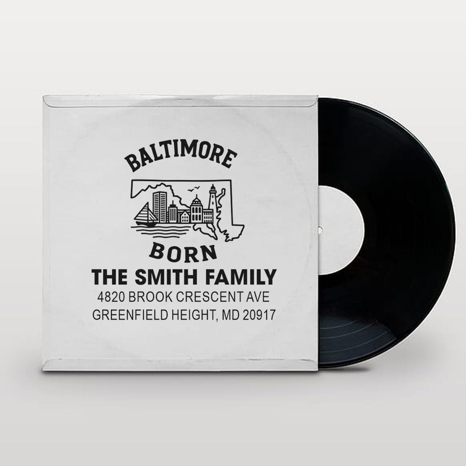 Custom Baltimore Born family address rubber stamp design with skyline icon, personalized for The Smith Family.