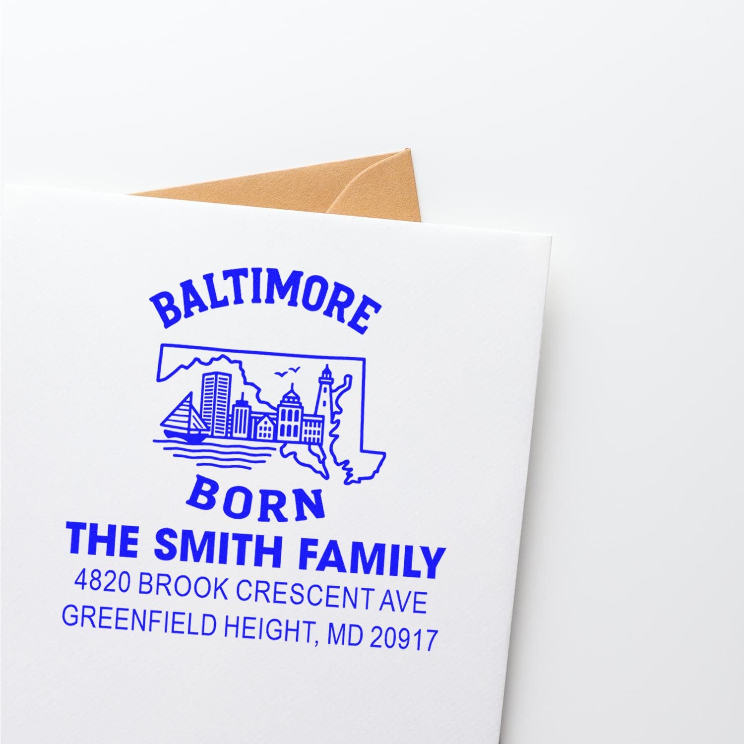 Custom Baltimore return address rubber stamp for The Smith Family, Greenfield Height, MD personalized envelope stamp.