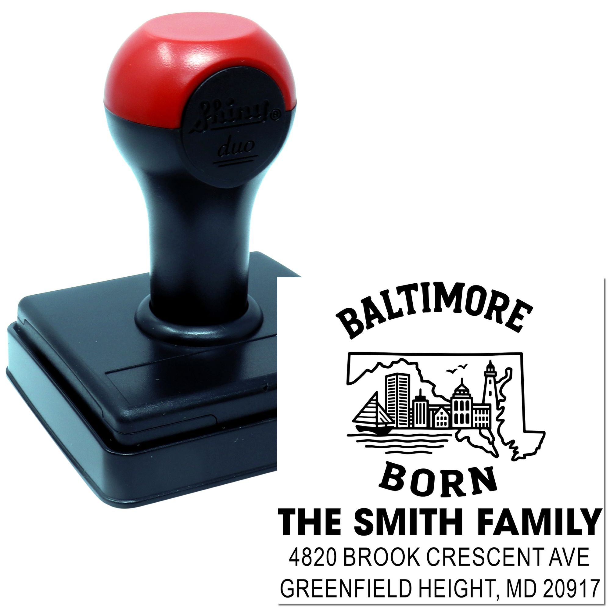 Custom self-inking rubber stamp featuring a Baltimore Born family address design for The Smith Family.