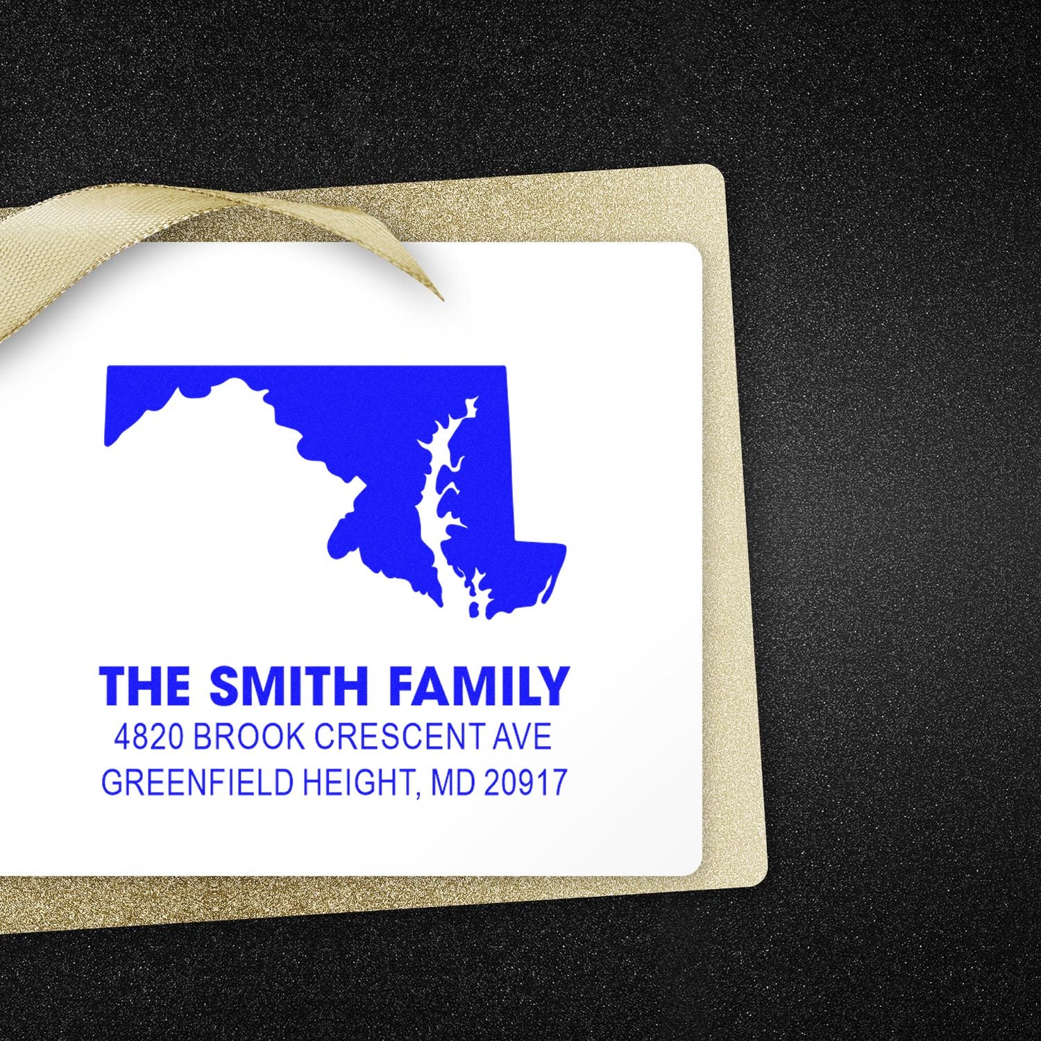 Custom Maryland return address rubber stamp for The Smith Family, Greenfield Height, MD 20917.