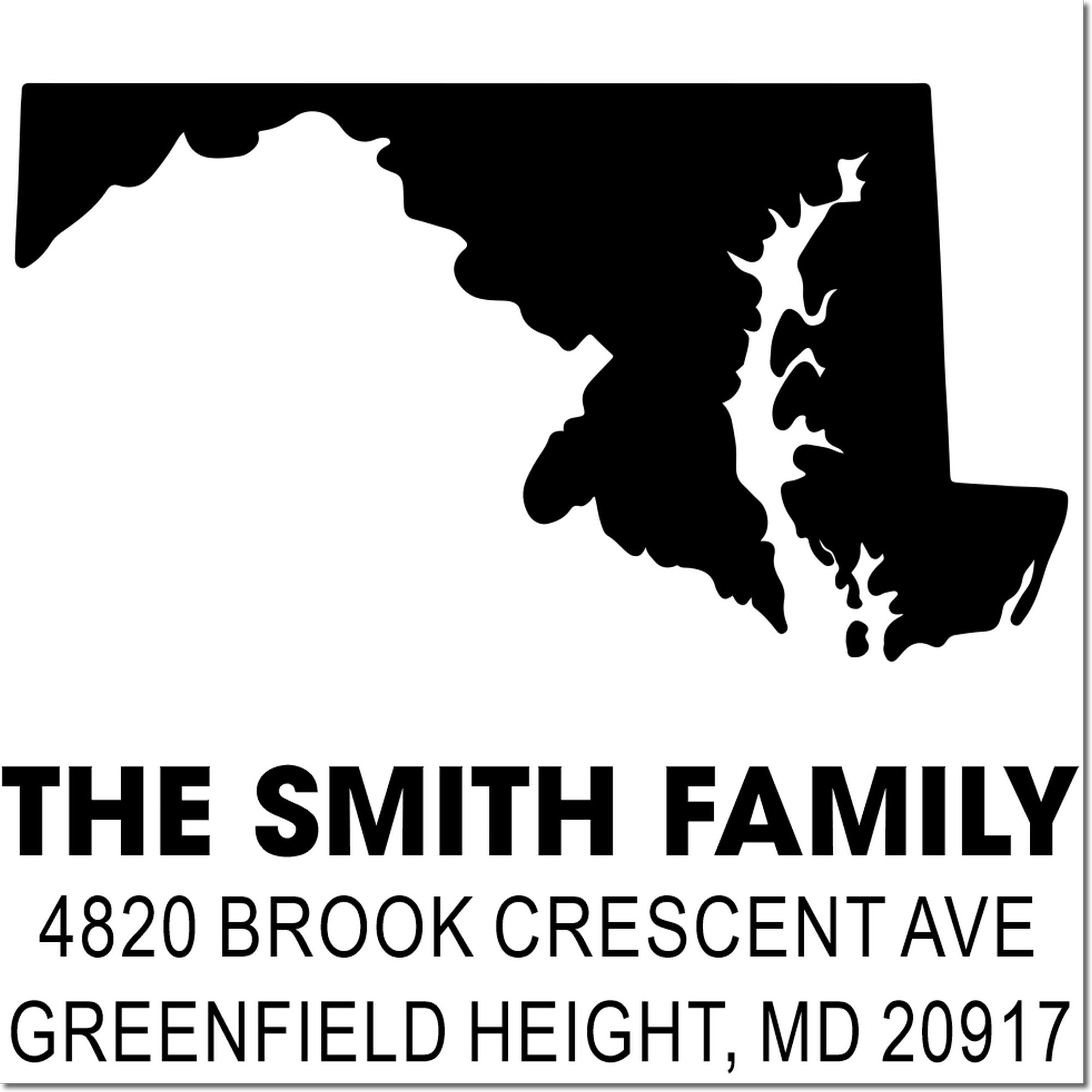 Custom Maryland return address rubber stamp for The Smith Family, featuring name, street address, and ZIP code.