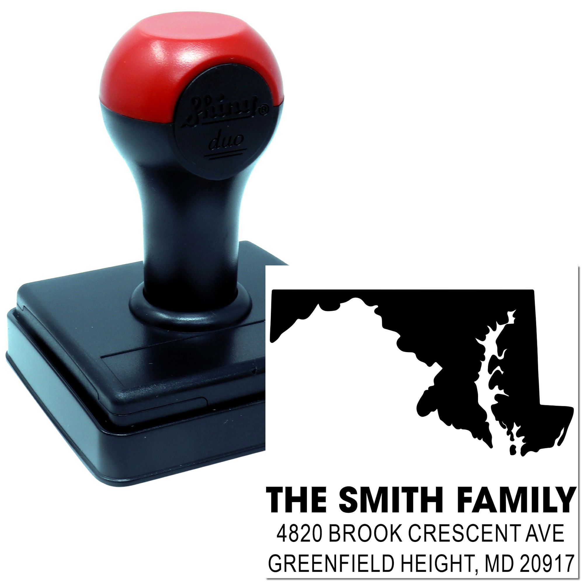 Custom self-inking return address rubber stamp with family name, Maryland map design, and personalized address imprint.