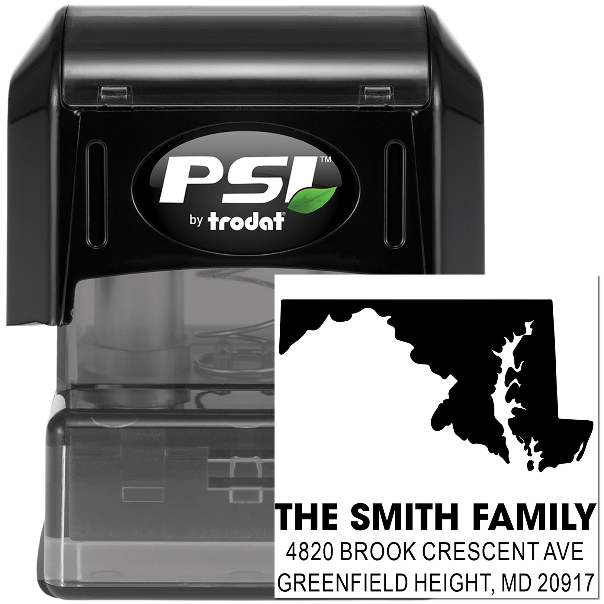 PSI by Trodat self-inking rubber address stamp with custom family name, Maryland outline, and return address imprint for mailings