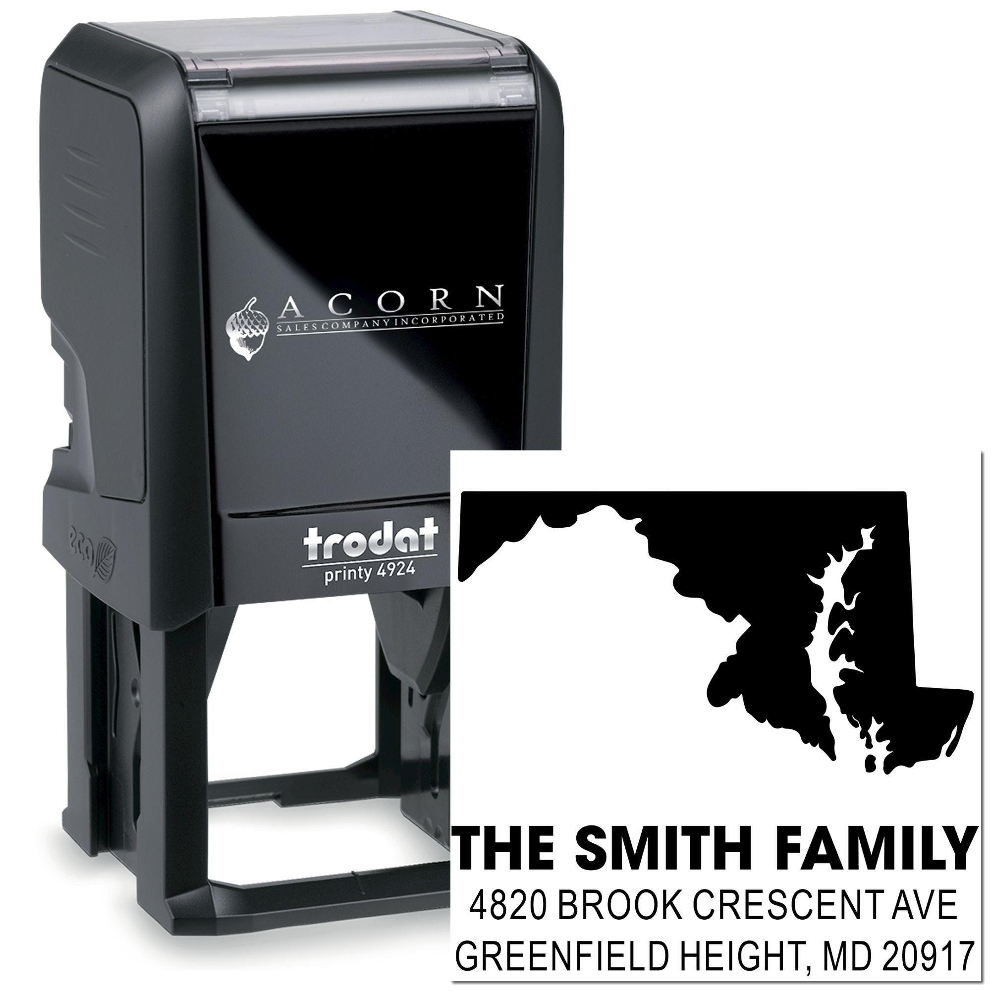 Personalized self-inking rubber address stamp for envelopes, featuring family name and return address.