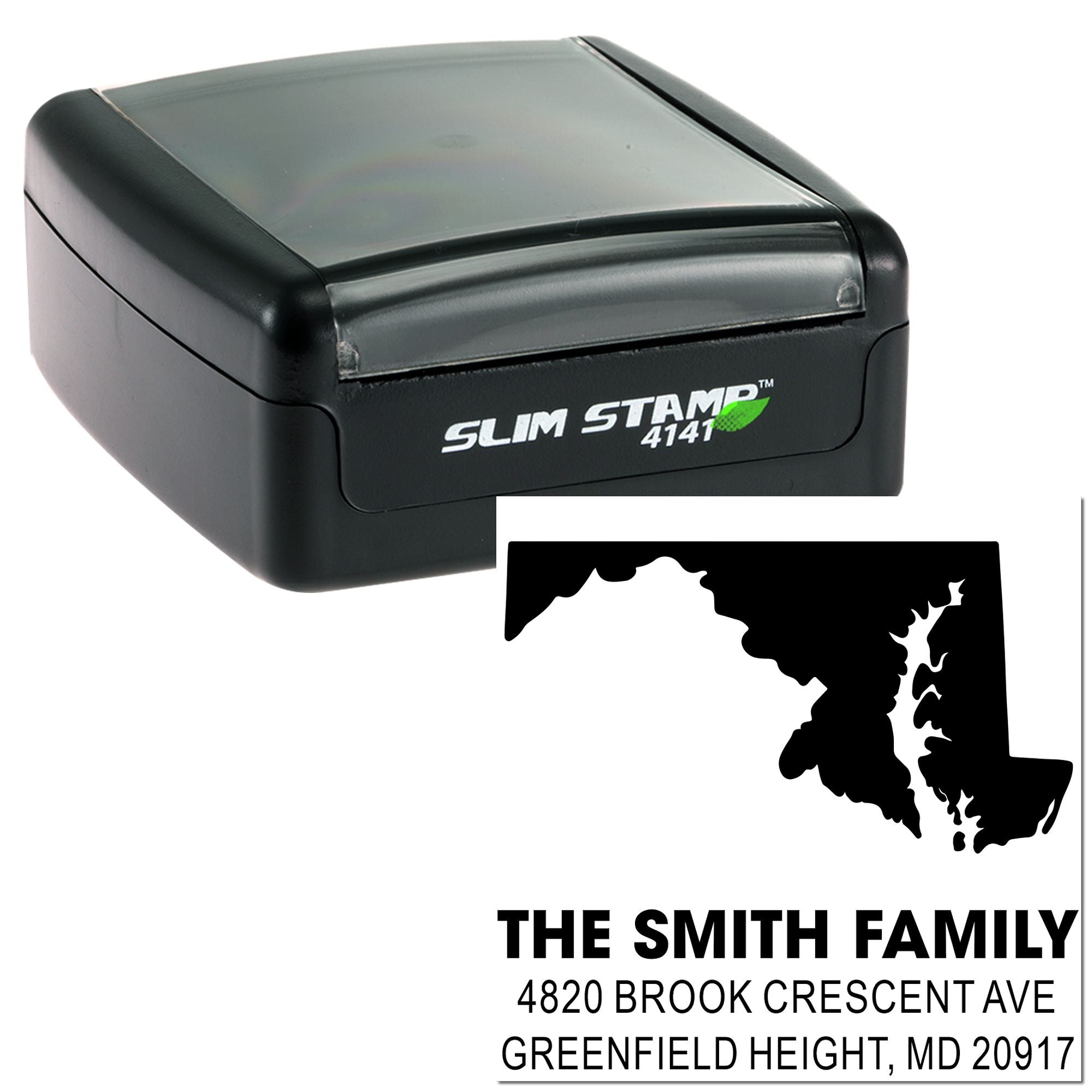 Custom self-inking rubber address stamp with Maryland return address design for The Smith Family