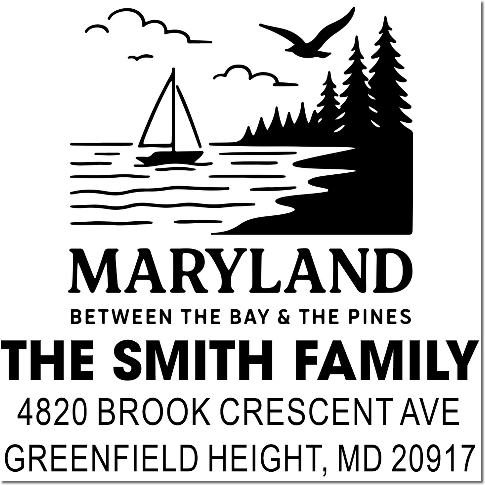 Personalized Maryland family address rubber stamp with sailboat design, The Smith Family, Greenfield Height, MD 20917.