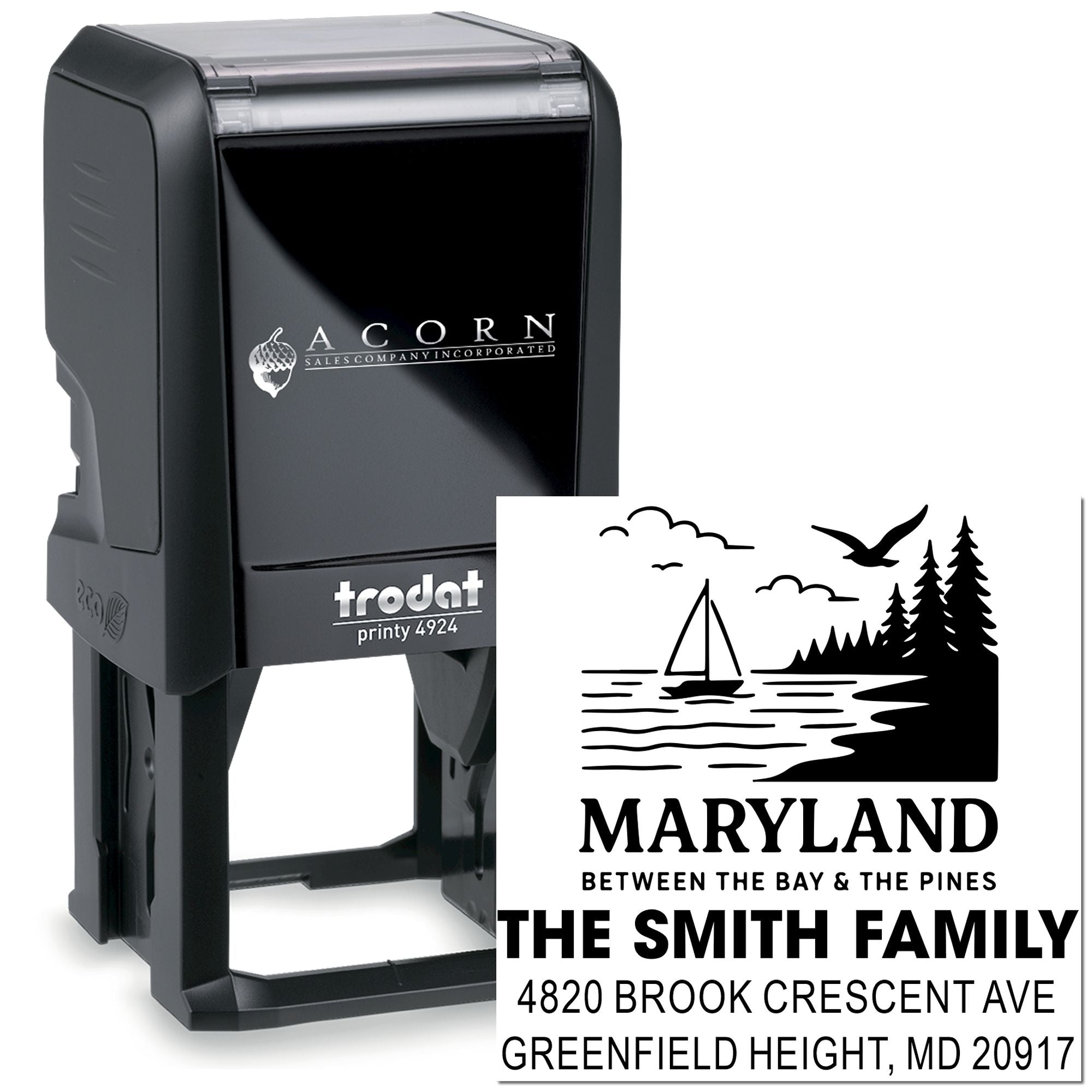 Custom self-inking address rubber stamp for The Smith Family, featuring a Maryland bay and pine design.