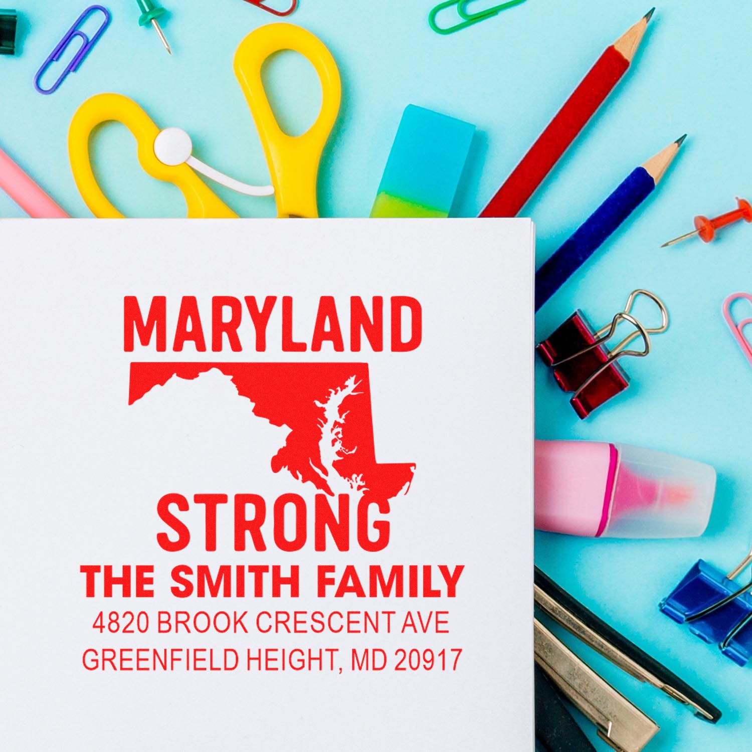 Custom Maryland Strong family return address rubber stamp with state outline, name and address for personalized mailings.