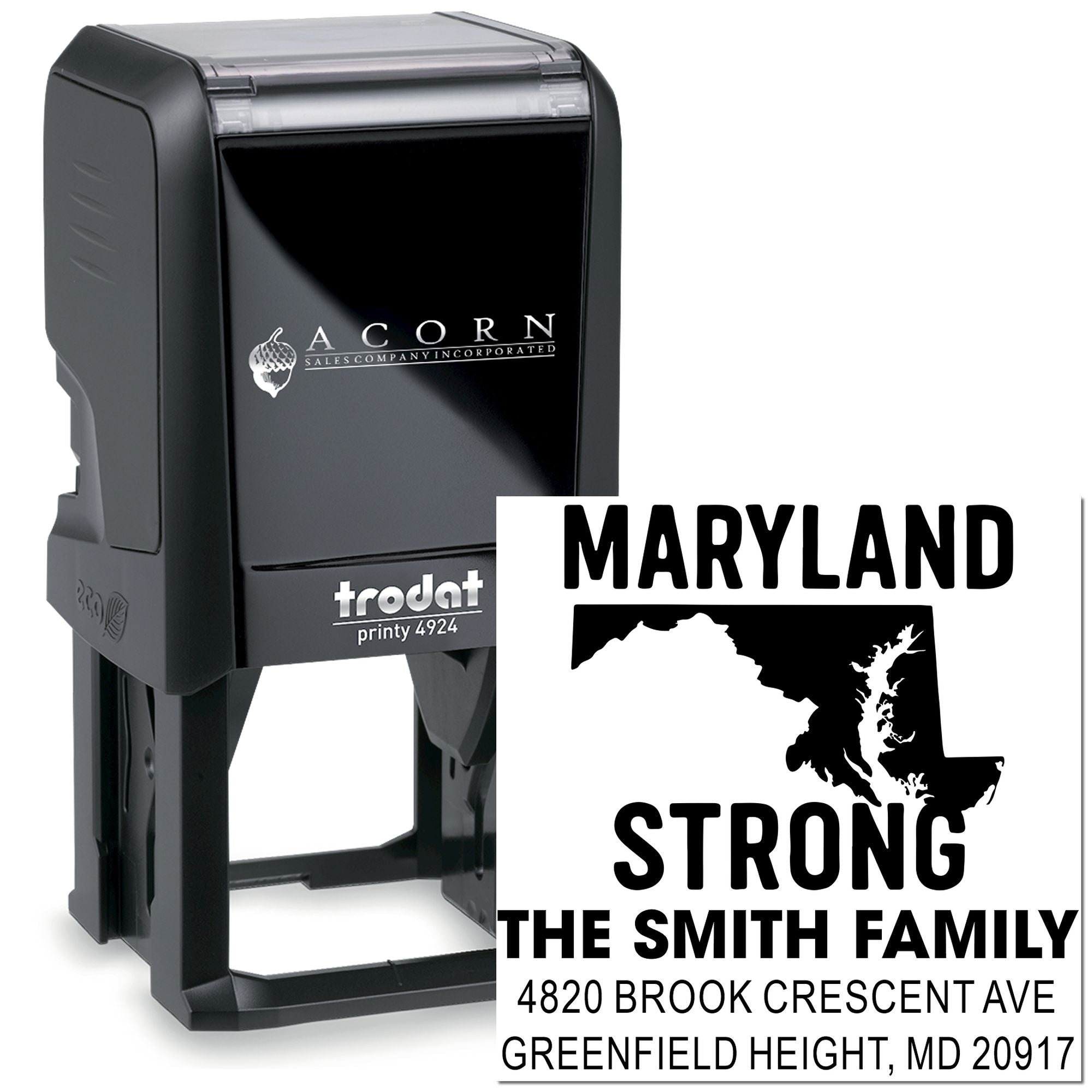 Custom self-inking rubber stamp for Maryland Strong family return address, perfect for personalized mailing and small business branding.