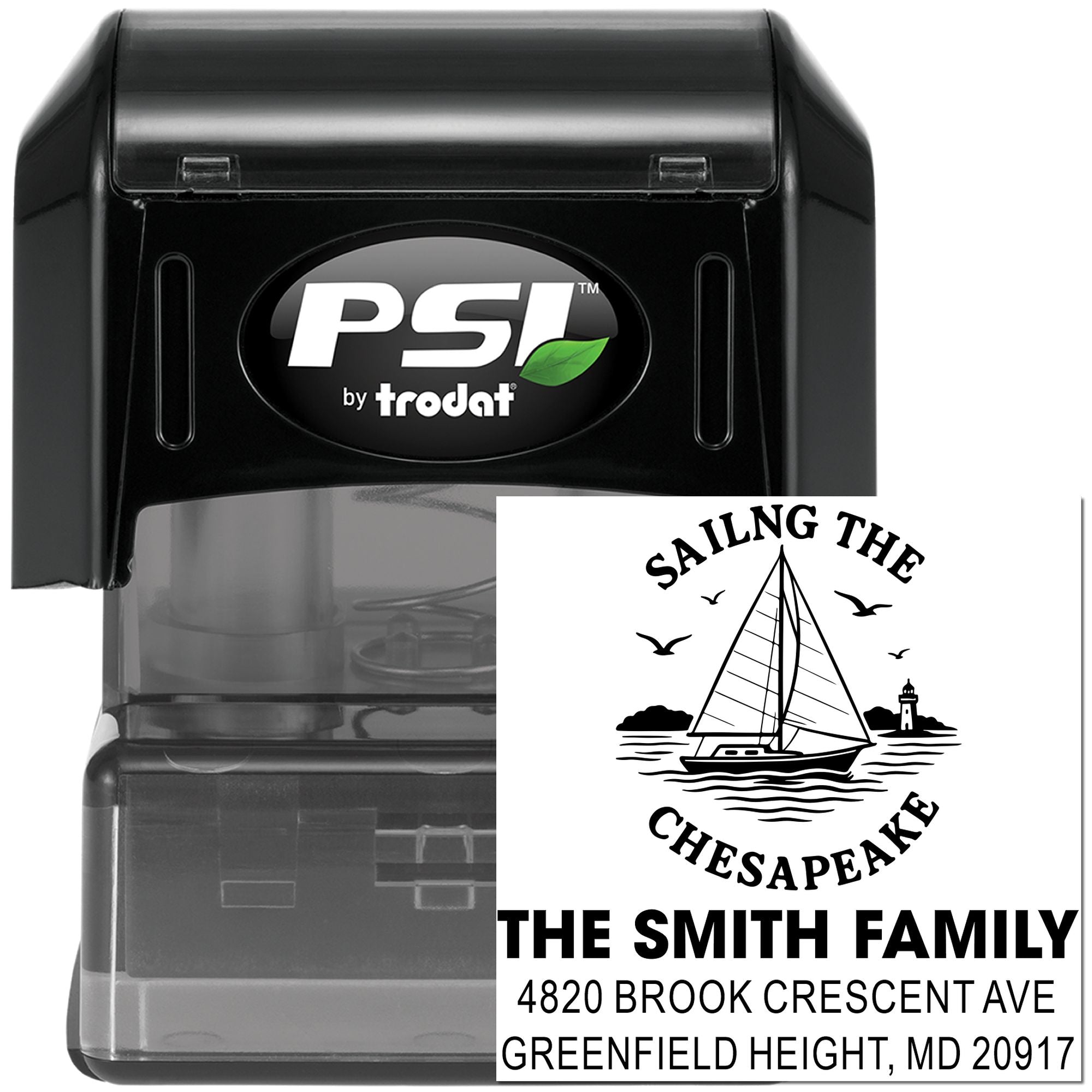 Custom self-inking rubber stamp by PSI Trodat with sailing design and address text for personalized family mailing.