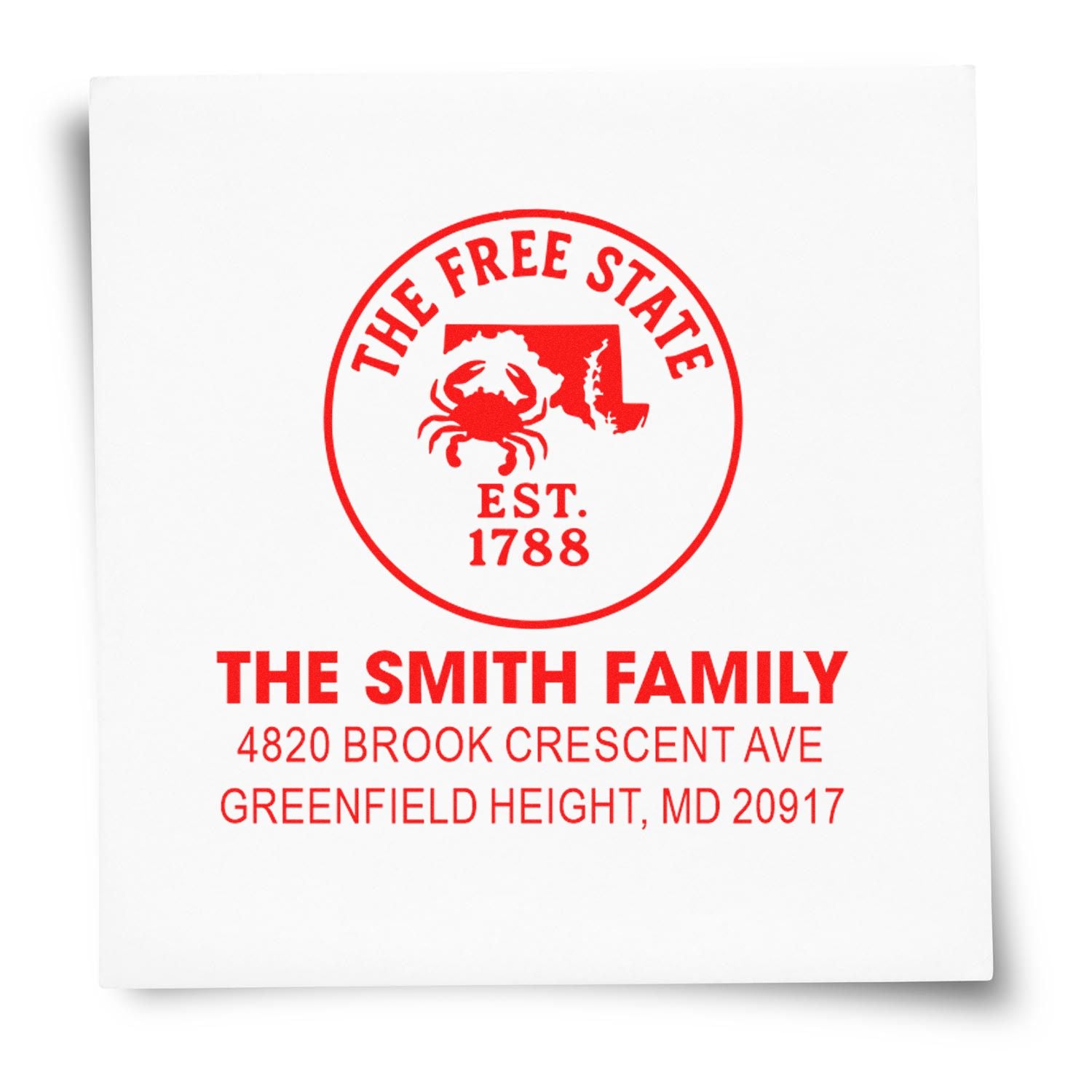 Custom return address rubber stamp for The Smith Family, featuring The Free State Maryland design and Greenfield Height, MD.