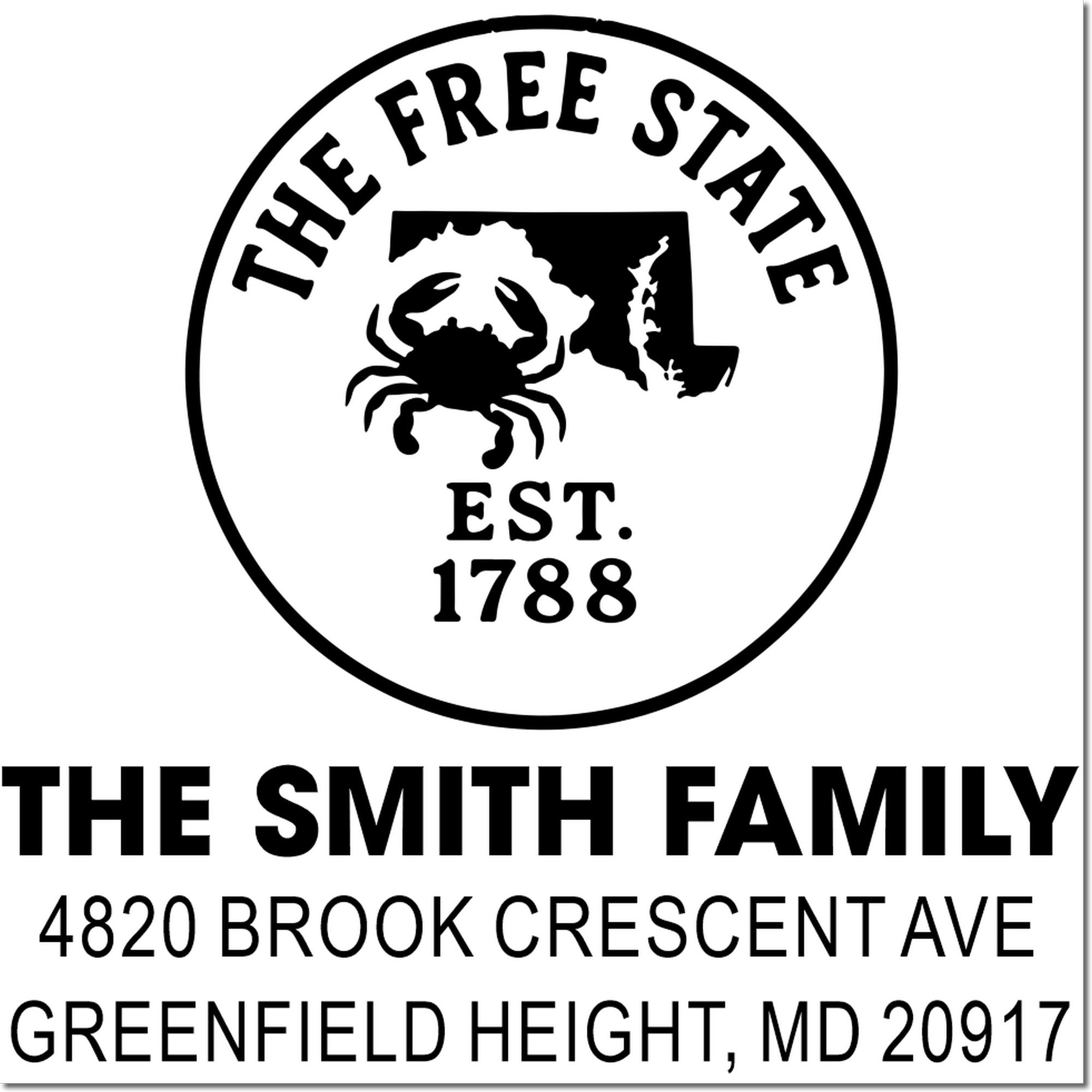 Custom Maryland family return address rubber stamp with Free State crab design, The Smith Family, Greenfield Height, MD 20917