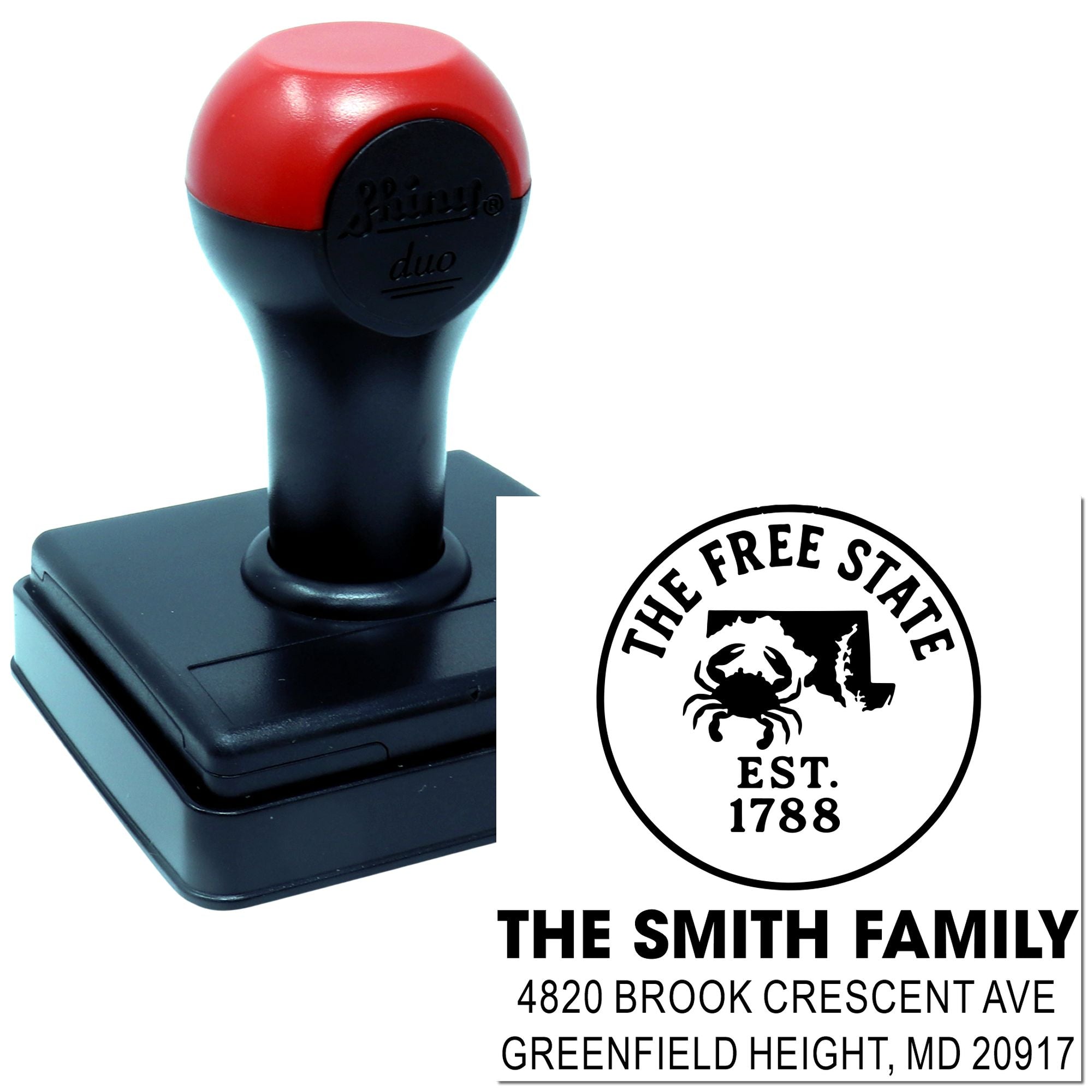 Custom rubber address stamp with personalized family name and The Free State design sample.
