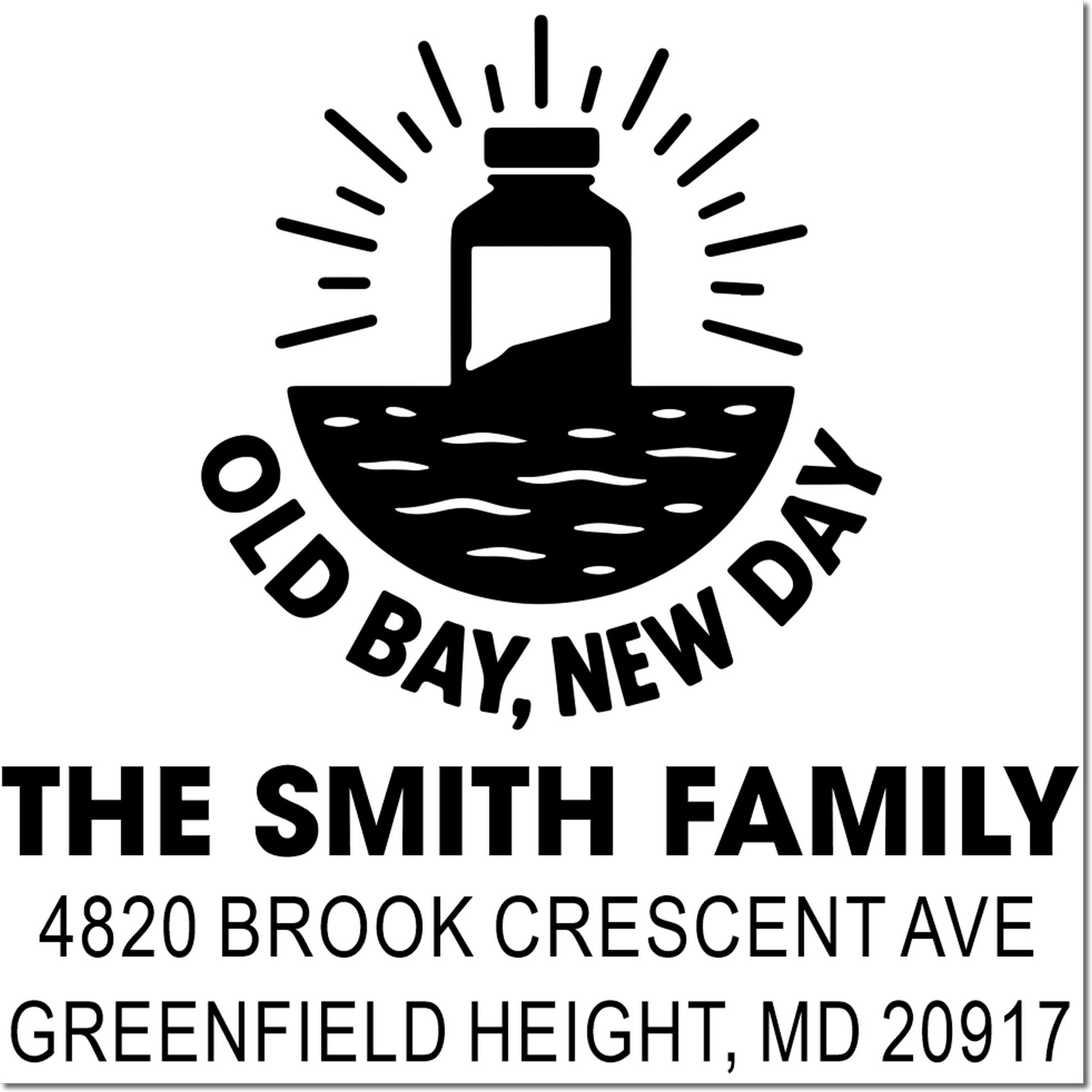 Custom return address rubber stamp for The Smith Family, Greenfield Height, MD 20917, with nautical logo.