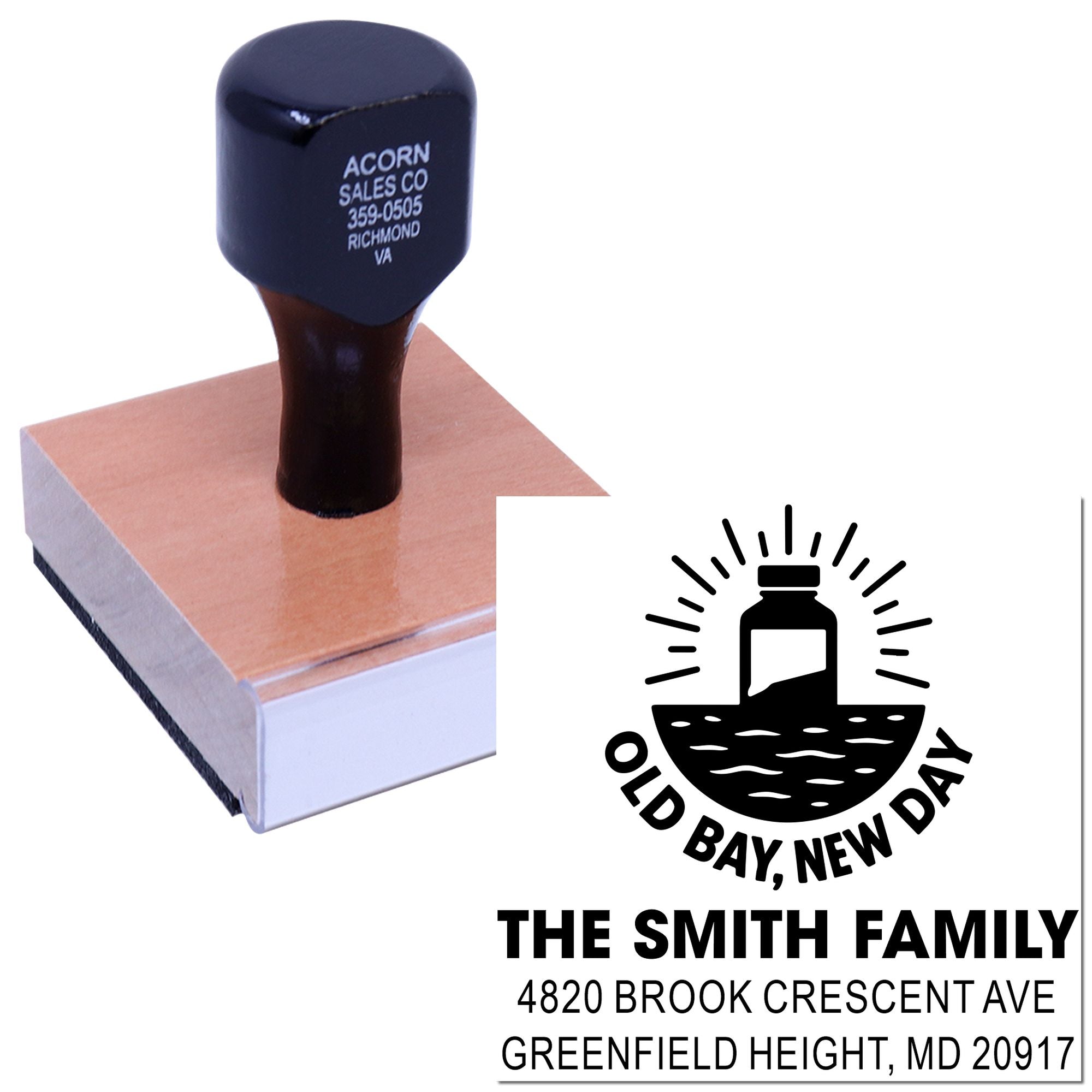 Custom rubber address stamp with Old Bay, New Day design and Smith family return address text