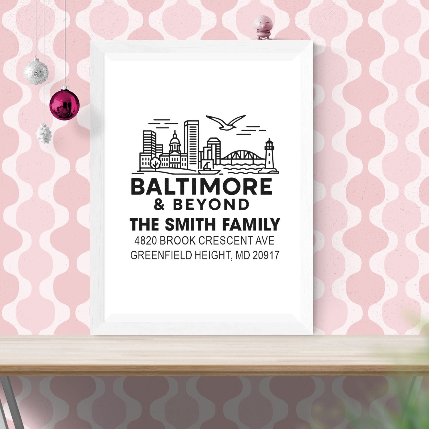Custom Baltimore rubber address stamp with skyline design, The Smith Family name, and Greenfield Heights, MD return address.