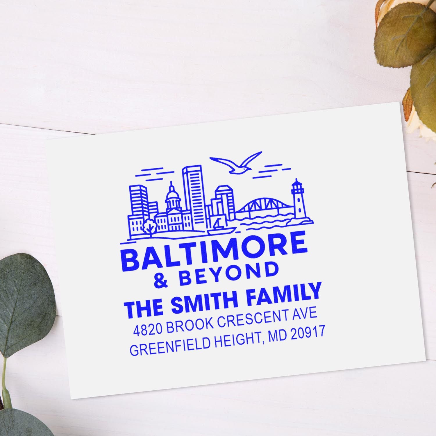 Personalized Baltimore family return address rubber stamp with skyline design for The Smith Family, MD address.