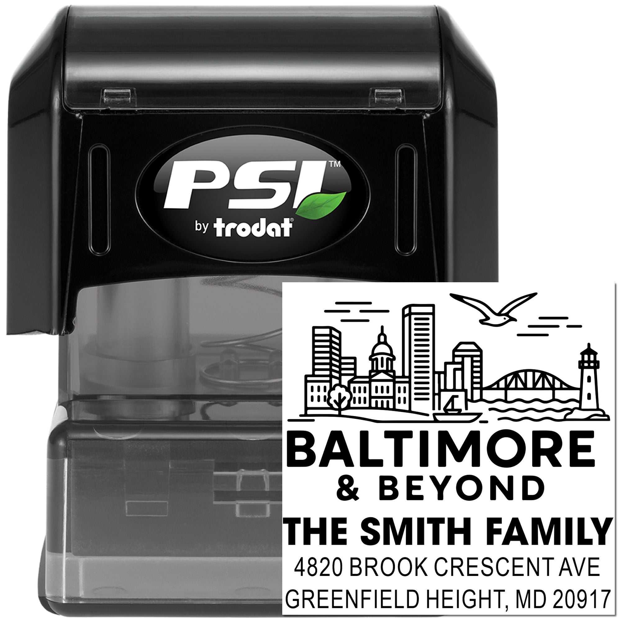PSI by Trodat self-inking rubber stamp with custom Baltimore return address design for The Smith Family.