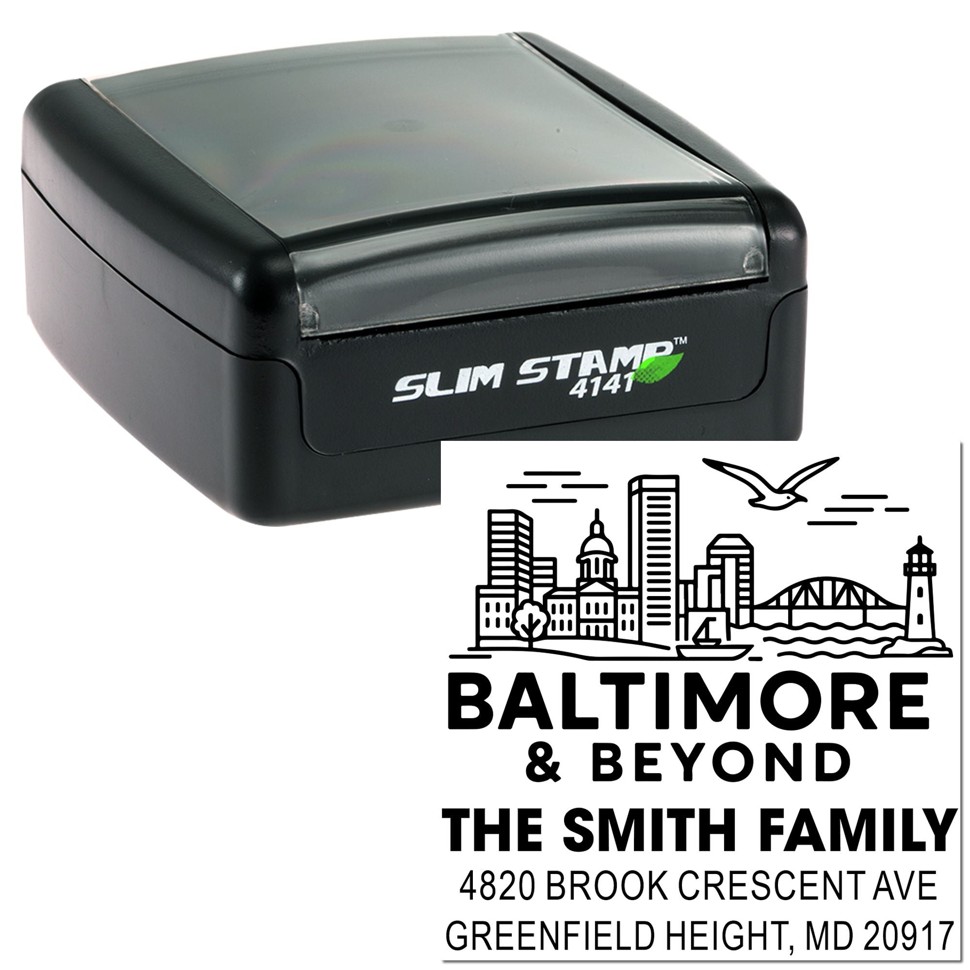 Baltimore Skyline Personalized Adventure Rubber Stamp and Slim Pre-Inked Design