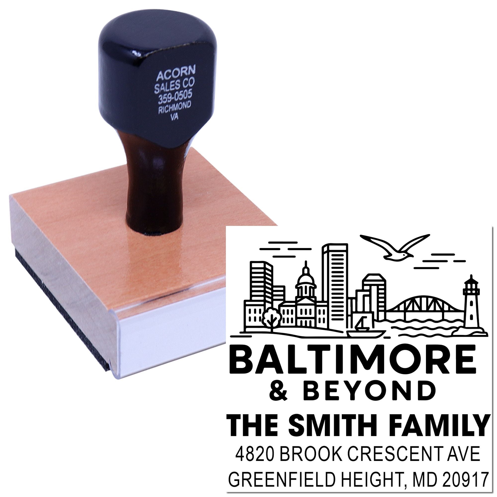 Custom Baltimore & Beyond family return address rubber stamp with city skyline design and house address imprint.