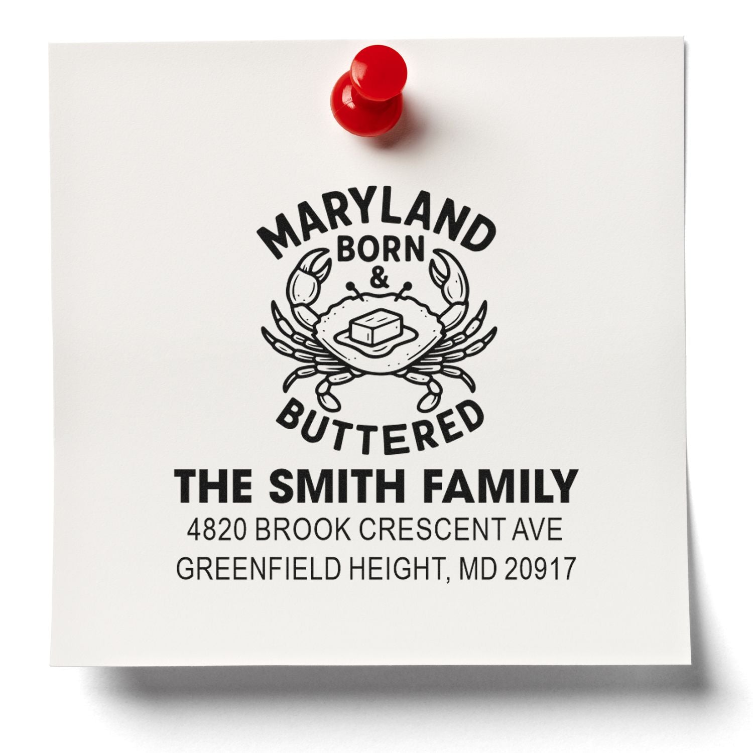 Custom Maryland crab return address rubber stamp for The Smith Family, with personalized name and address.