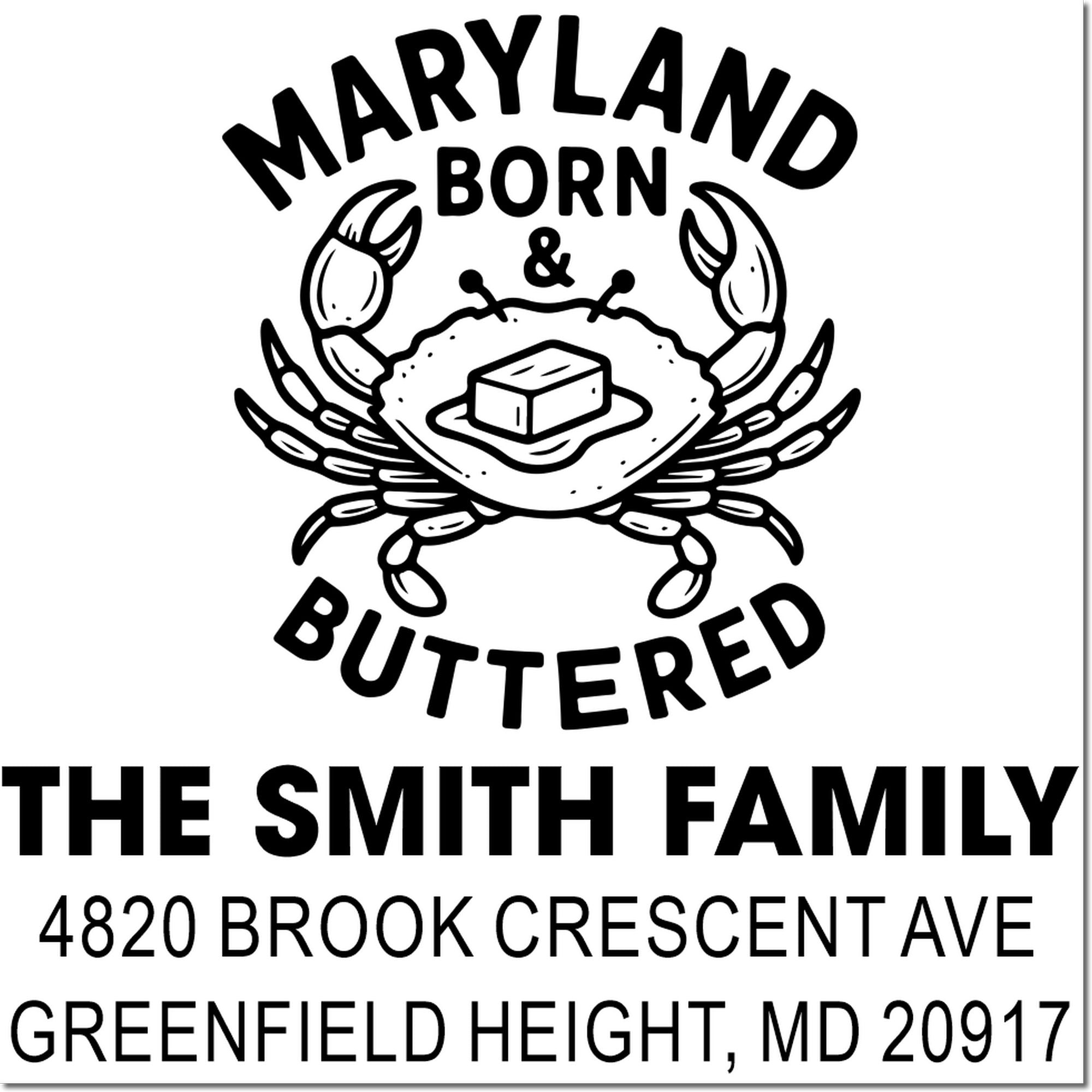 Custom Maryland crab return address rubber stamp for The Smith Family, 4820 Brook Crescent Ave, Greenfield Height, MD 20917