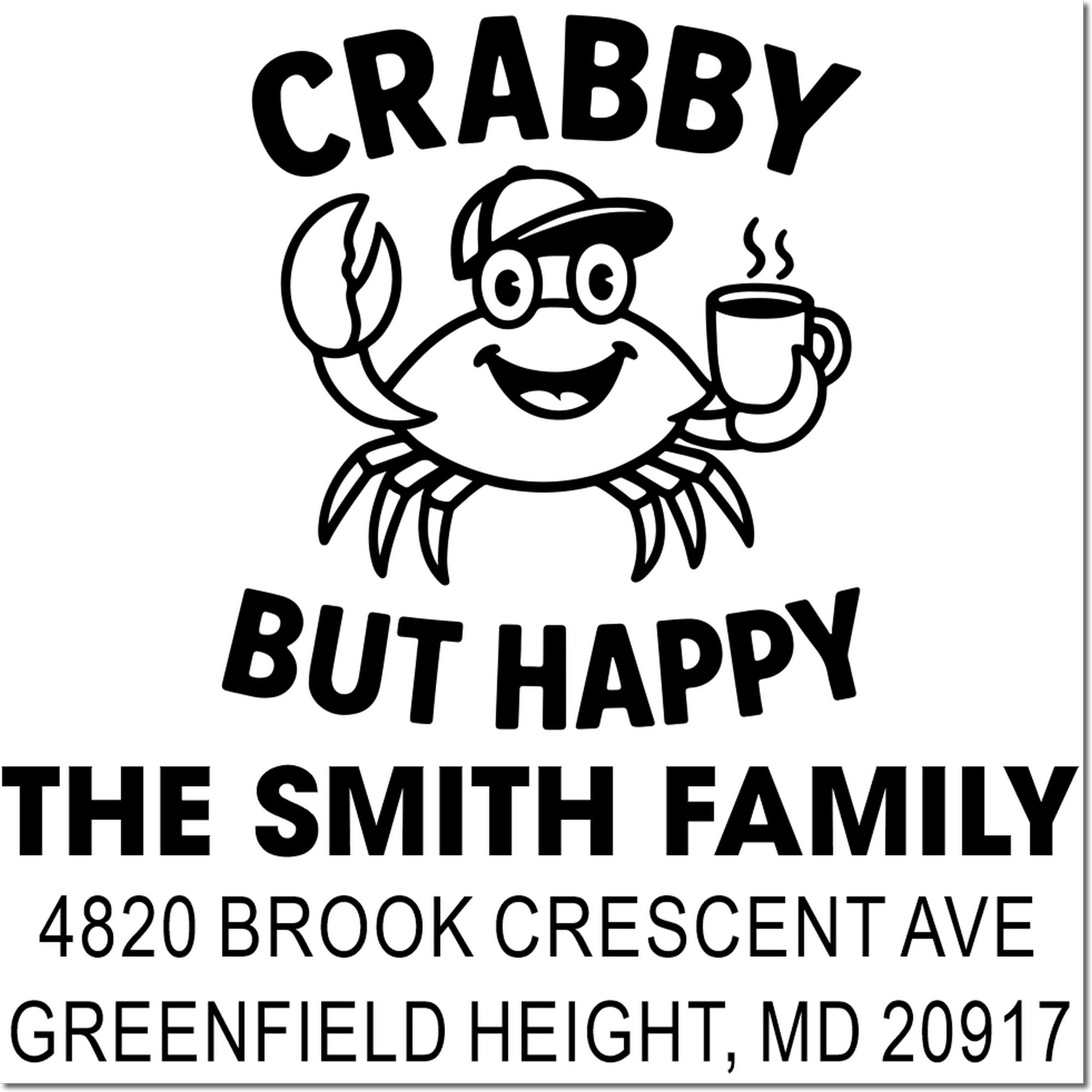 Personalized crabby but happy address stamp with crab graphic, family name, and return address.