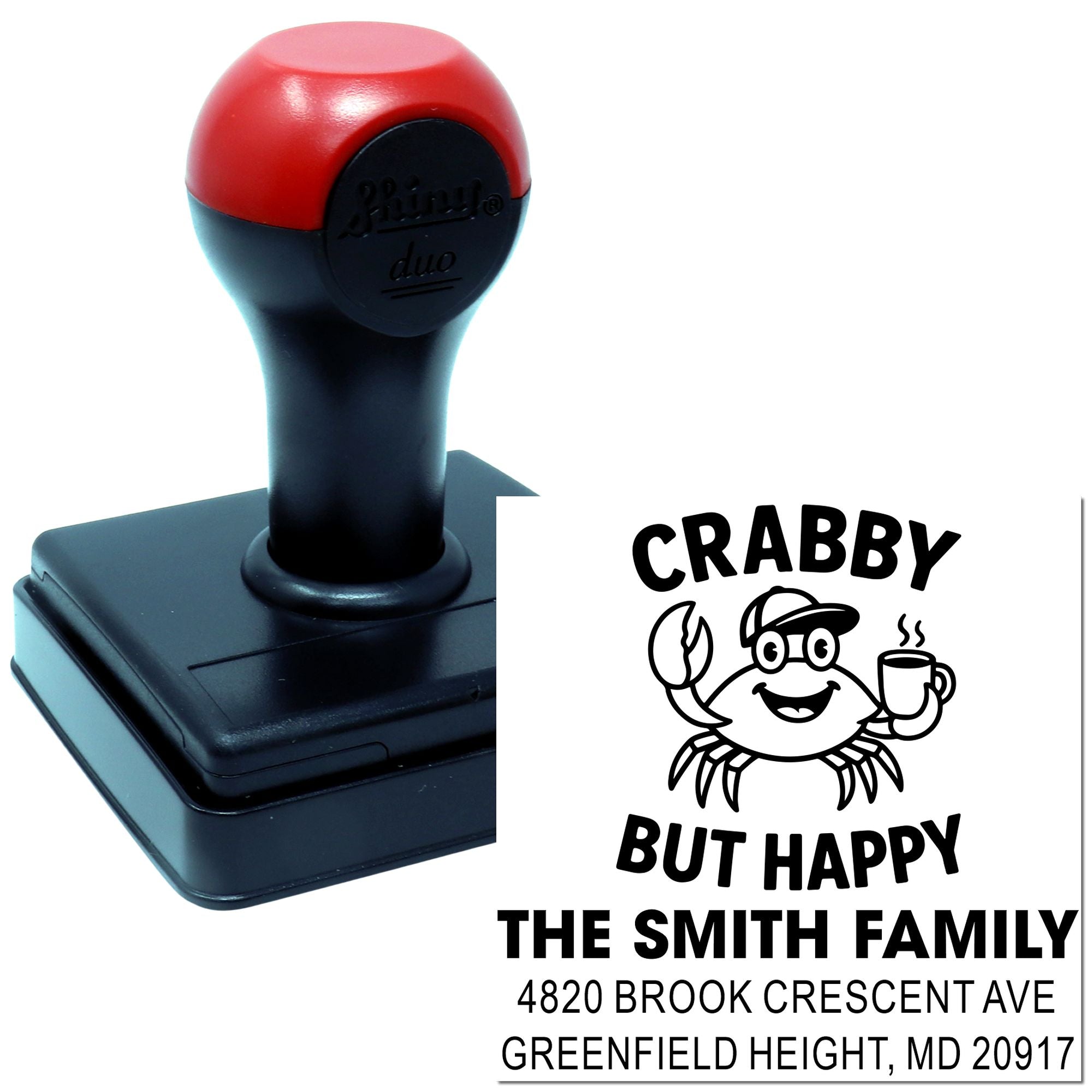 Personalized self-inking rubber return address stamp with Crabby But Happy crab design for The Smith Family.