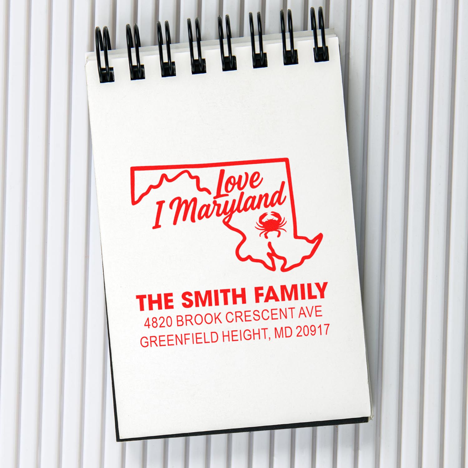 Custom Love Maryland return address rubber stamp with family name and address for personalized stationery.