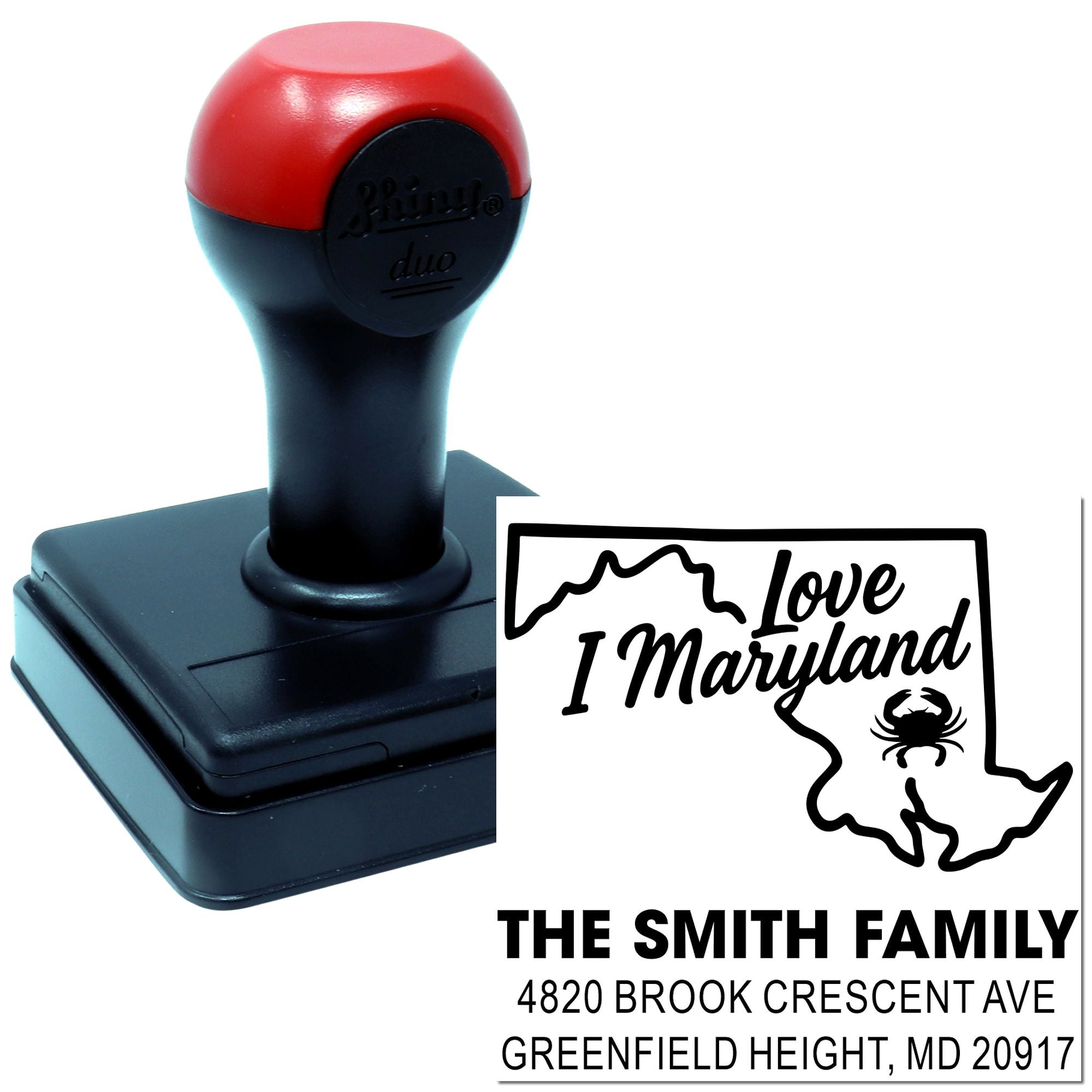 Personalized self-inking rubber stamp with Love Maryland design and The Smith Family Maryland return address.
