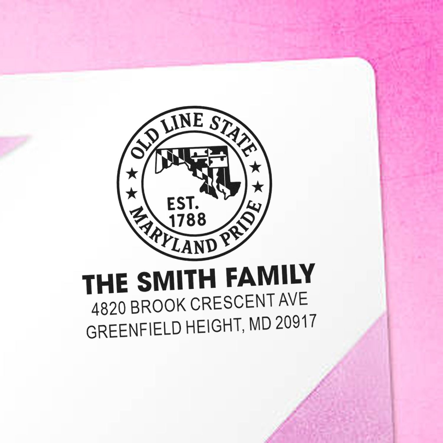 Custom Maryland return address rubber stamp for The Smith Family, with Old Line State Pride seal and Greenfield Height, MD.