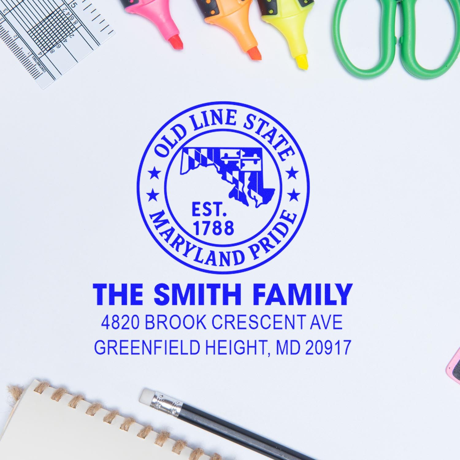 Custom Maryland address rubber stamp for The Smith Family, featuring state seal and return mailing address.