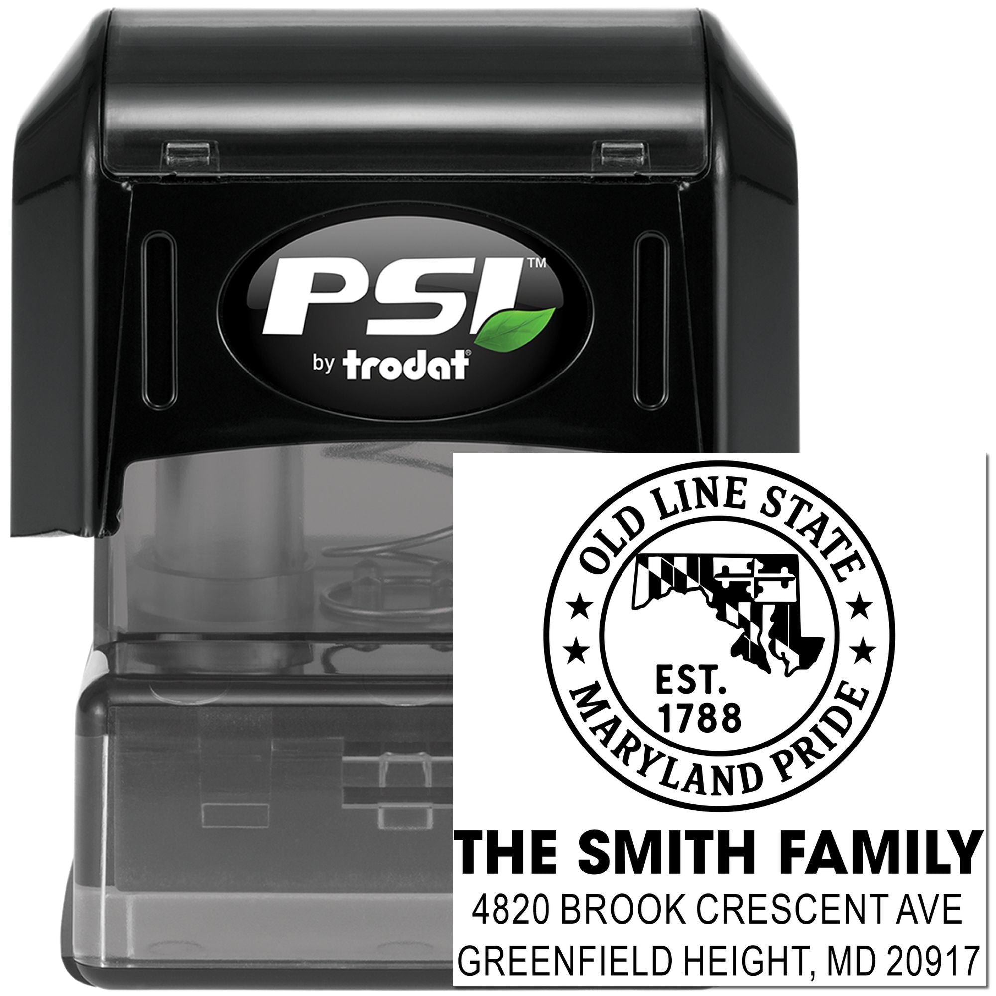Custom self-inking rubber address stamp with Maryland family crest design by PSI Trodat for personalized mail and return addresses.