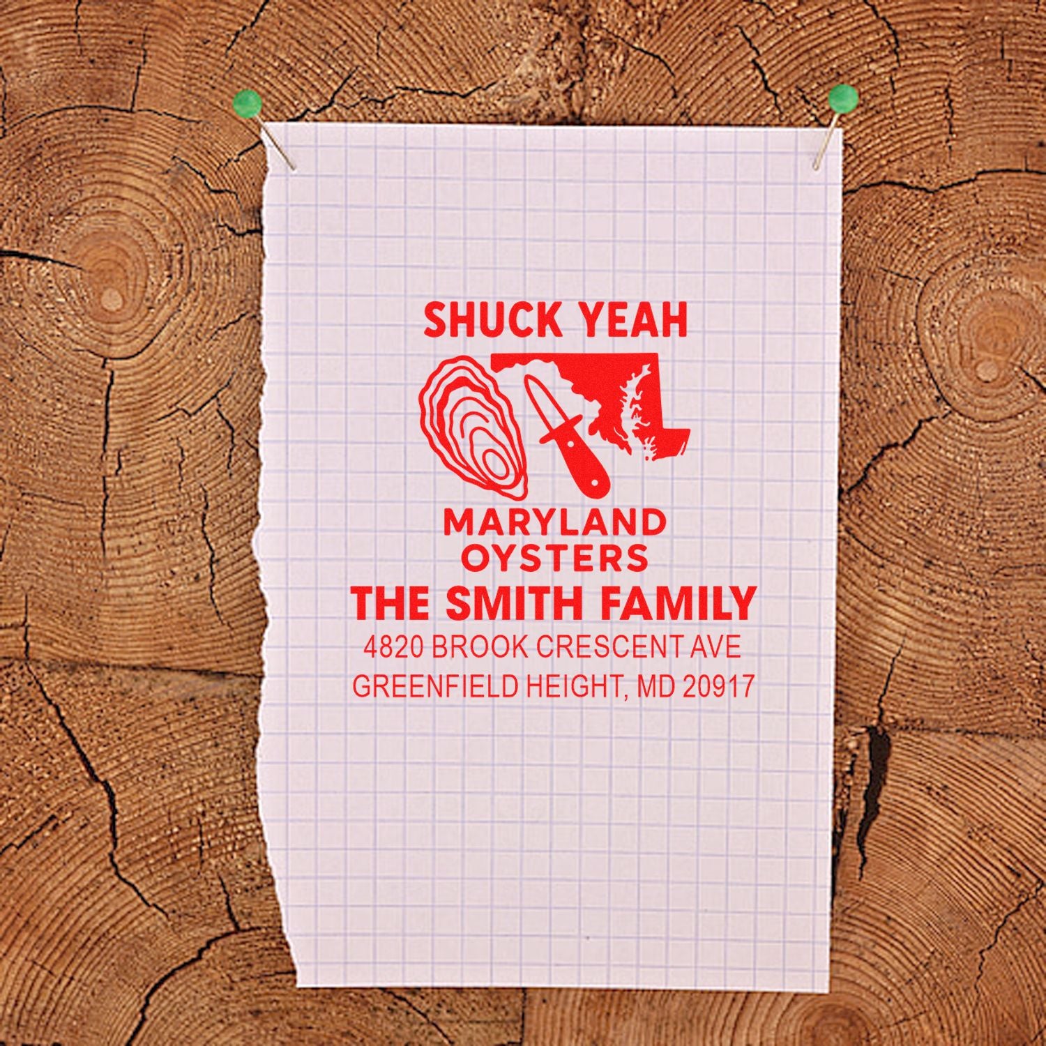 Personalized Maryland oysters rubber stamp with custom family return address and shuck yeah design for seafood lovers