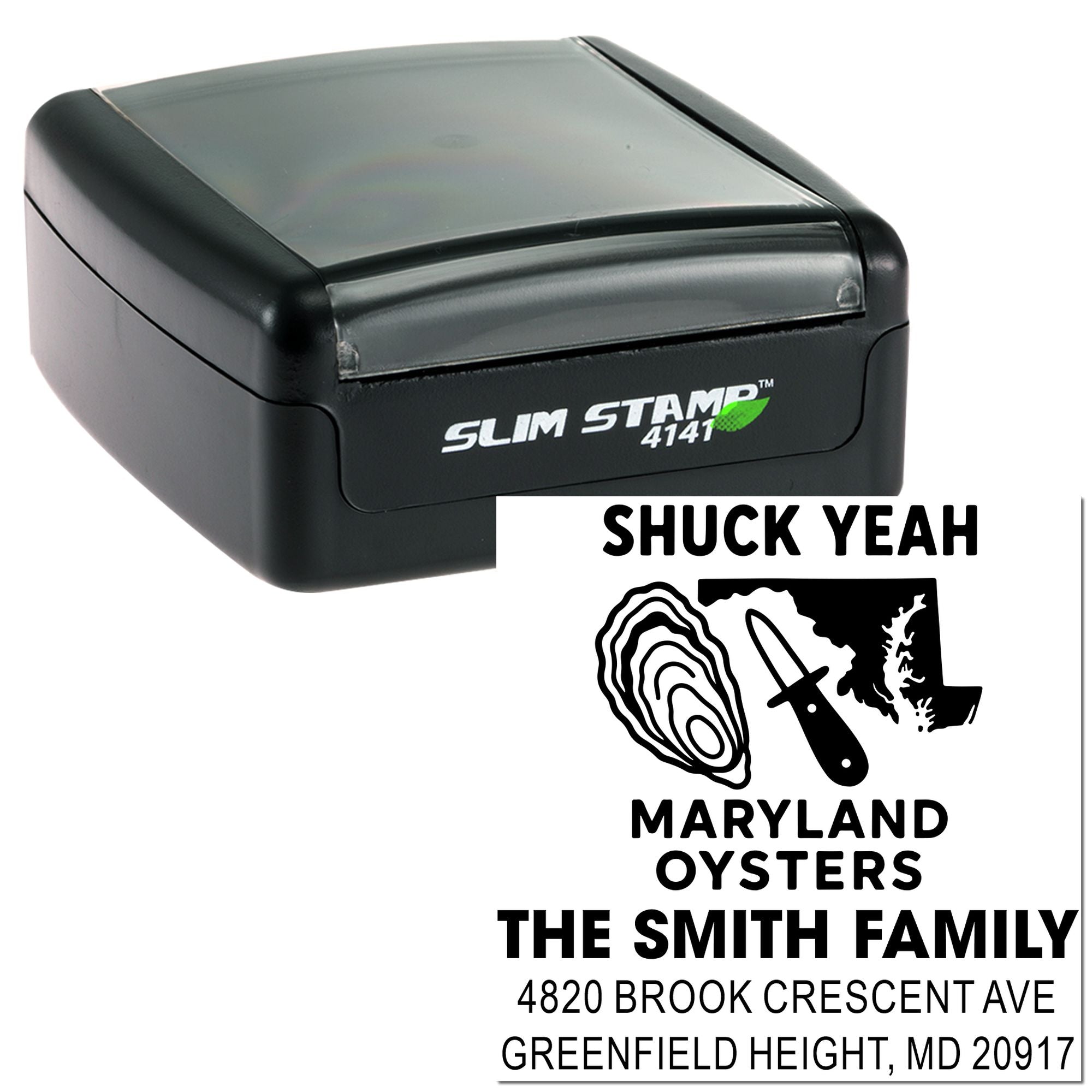 Custom Maryland oysters self-inking Slim Stamp rubber stamp with return address, family name, and seafood logo.