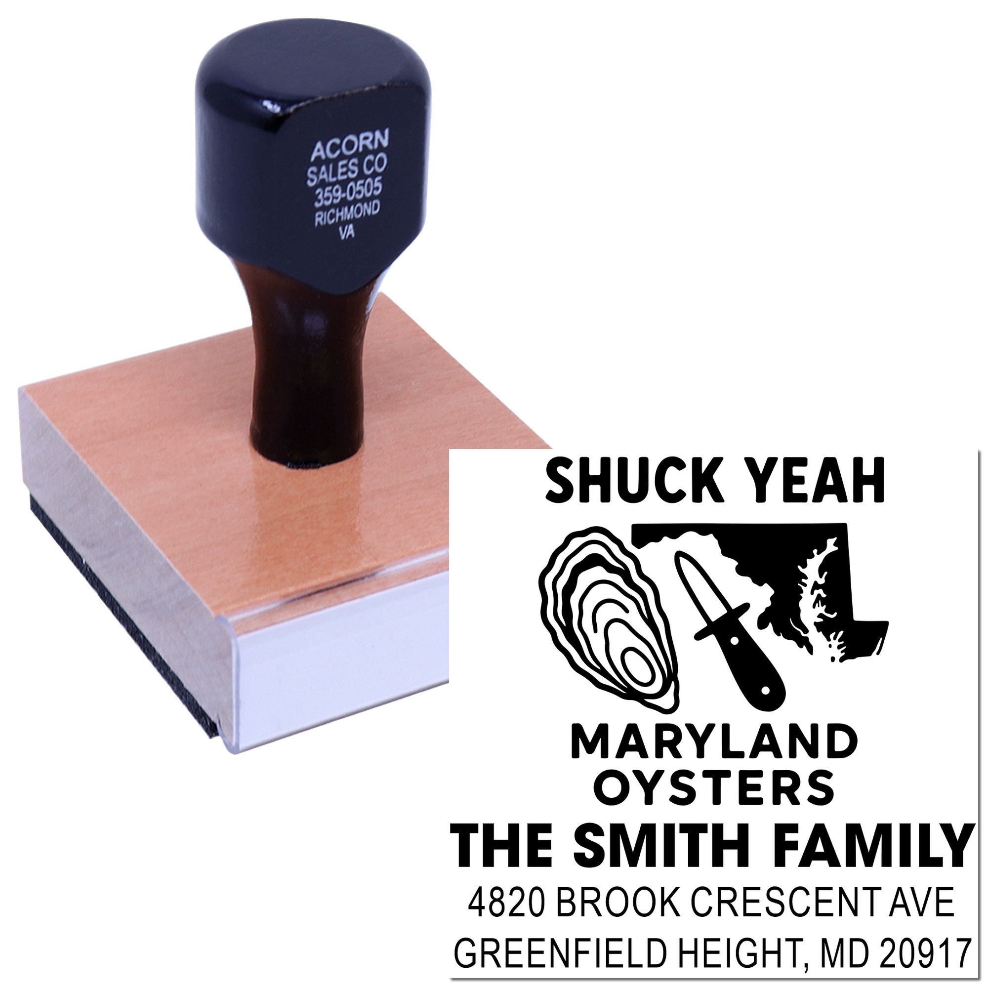 Personalized rubber stamp with Maryland oysters design for The Smith Family seafood return address