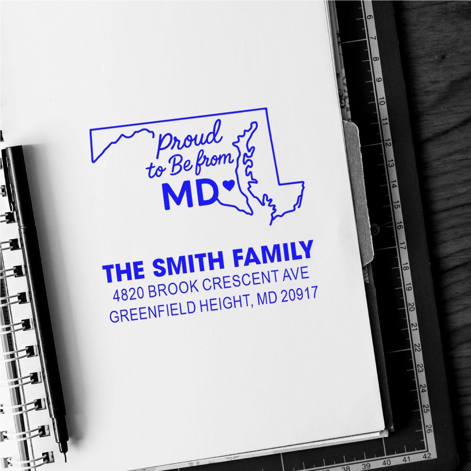Custom Maryland rubber stamp with Proud to Be from MD and The Smith Family address for personalized mailing.