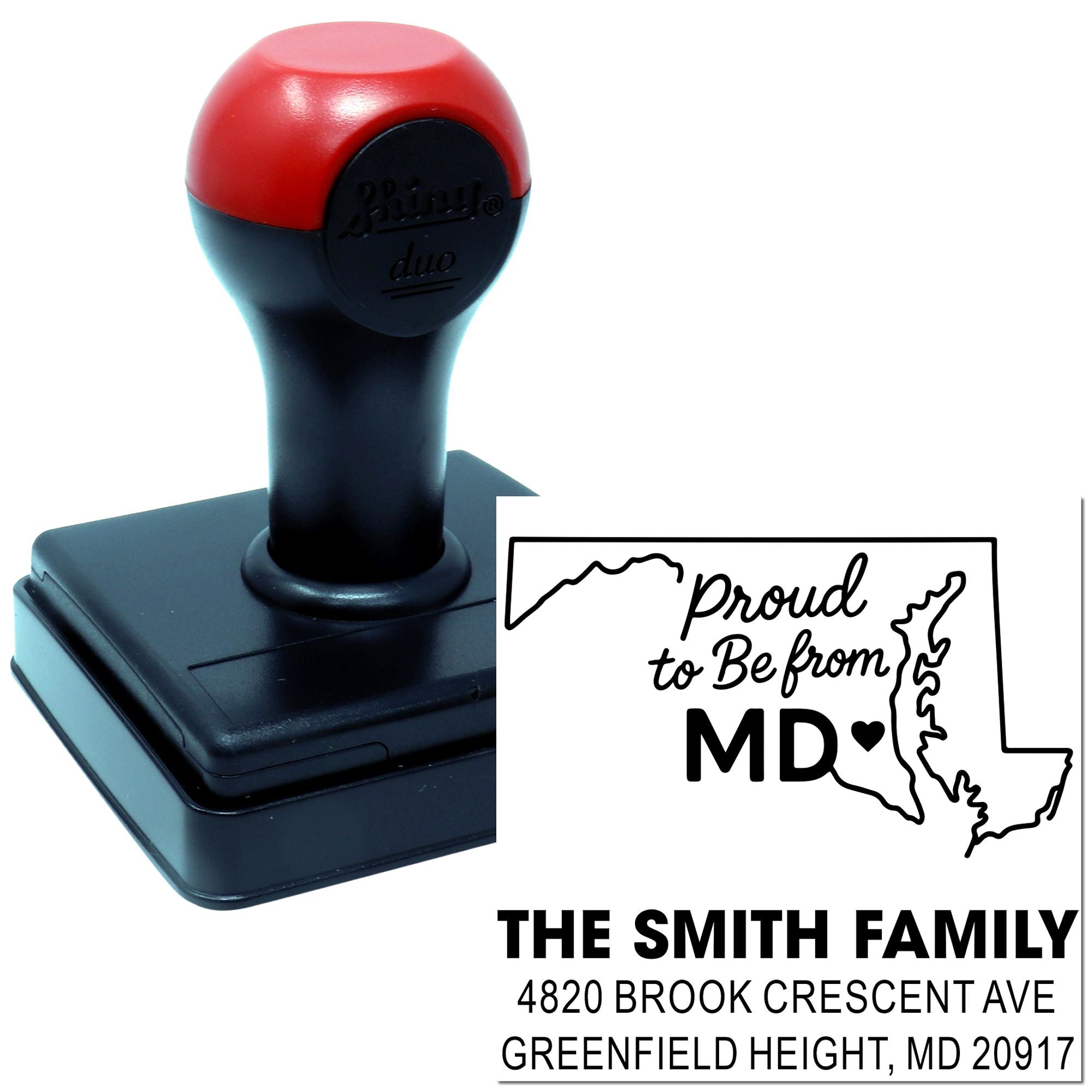 Custom Maryland self-inking rubber stamp with family name and address for personalized mail and return labeling.