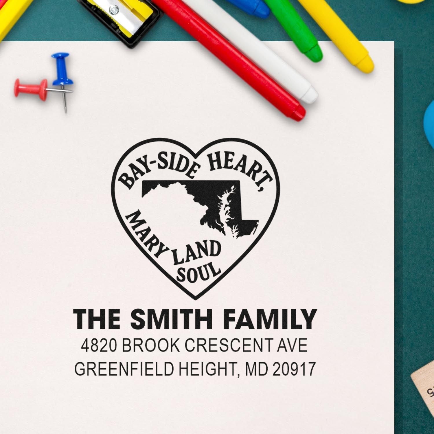 Custom Maryland family address rubber stamp with heart logo for personalized return addresses, envelopes, and stationery.