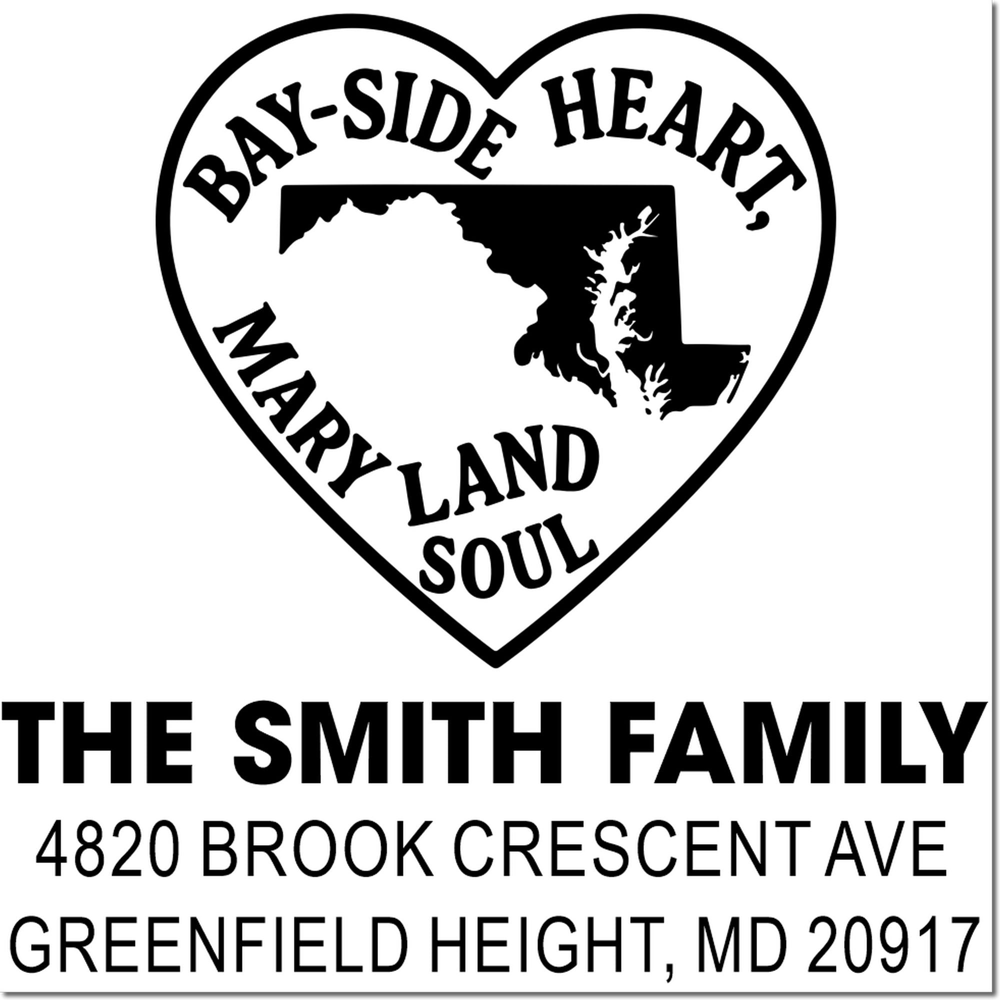 Personalized return address rubber stamp with heart-shaped Maryland design for The Smith Family in Greenfield Heights, MD.