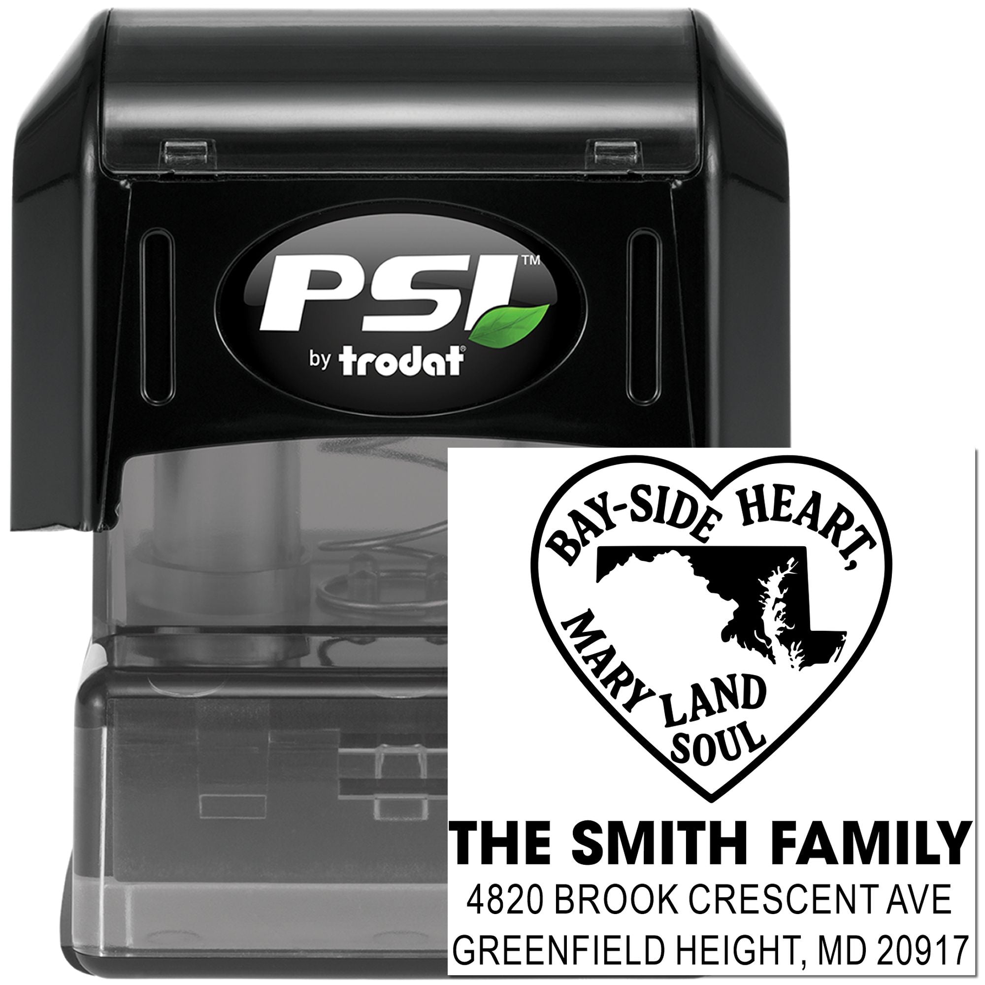 Custom self-inking rubber address stamp with Maryland heart design, PSI by Trodat, for family mail and stationery.