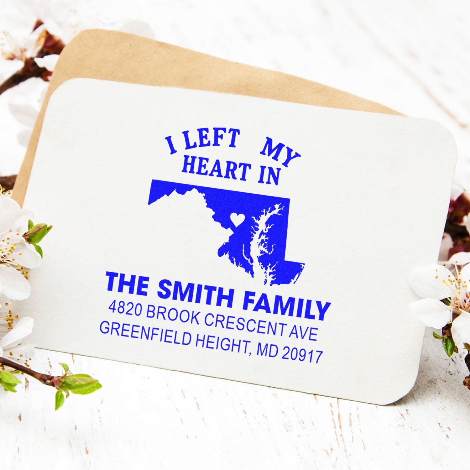 Custom Maryland return address rubber stamp for The Smith Family with personalized address and heart state design.