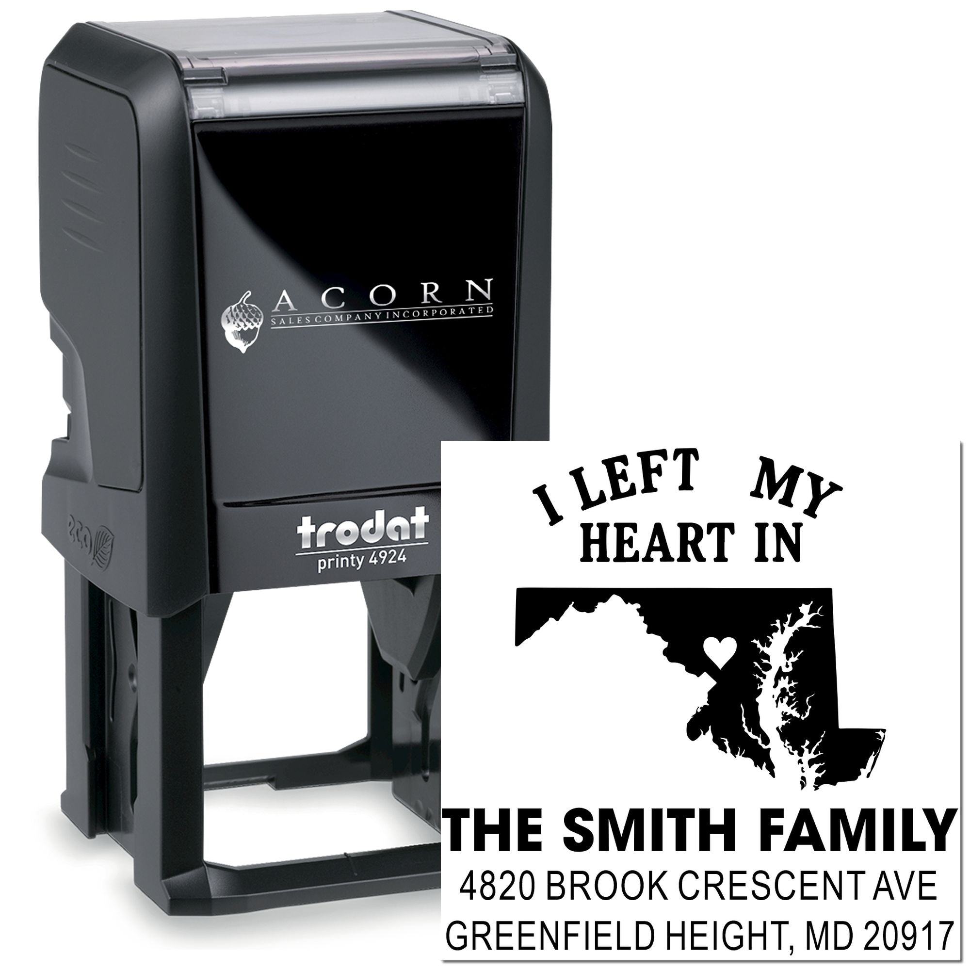 Custom self-inking family address rubber stamp with heart map design and personalized name and address imprint.